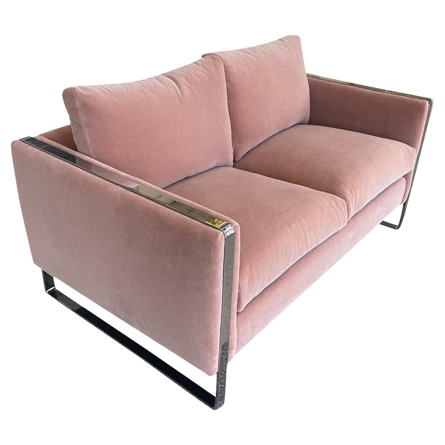Midcentury Chrome Loveseat After Milo Baughman in Dusty Mauve Mohair For Sale