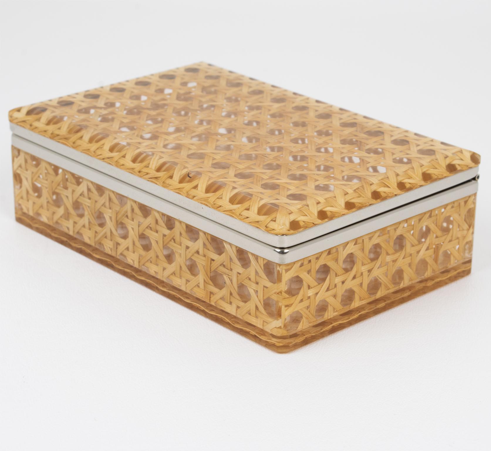 Late 20th Century Mid Century Chrome, Lucite and Rattan Hinged Box, Italy 1970s