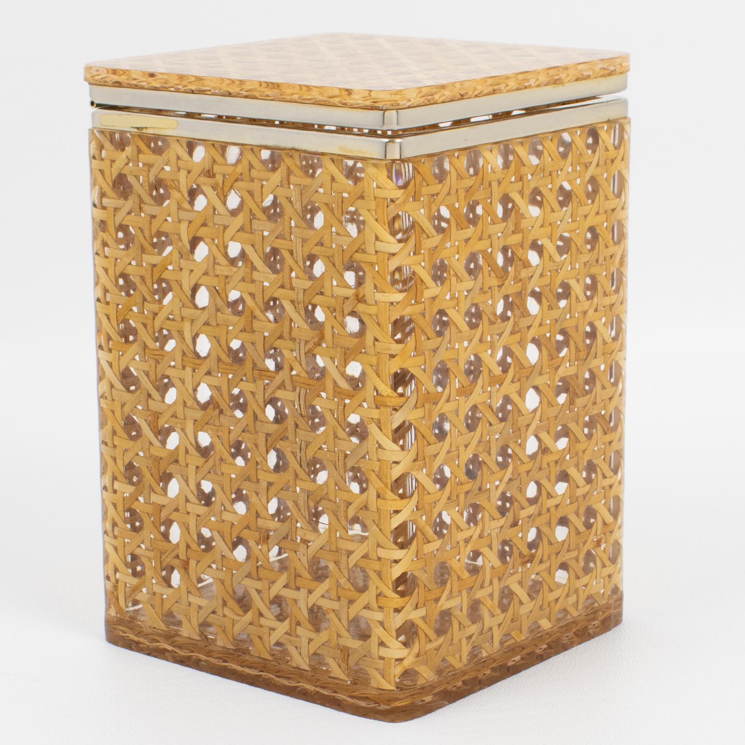 Italian Mid Century Chrome, Lucite and Rattan Tall Box, Italy 1970s For Sale