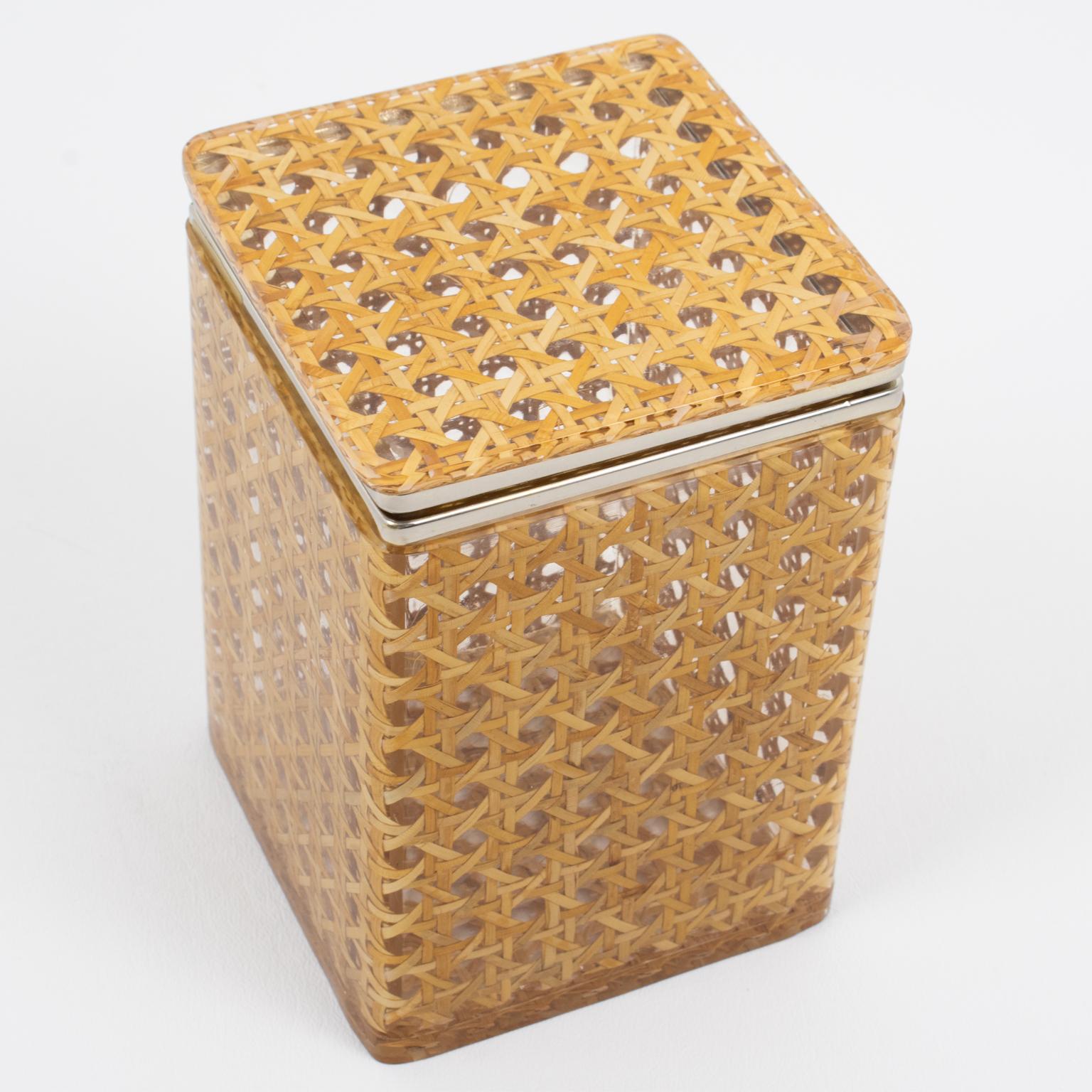 Late 20th Century Mid Century Chrome, Lucite and Rattan Tall Box, Italy 1970s For Sale