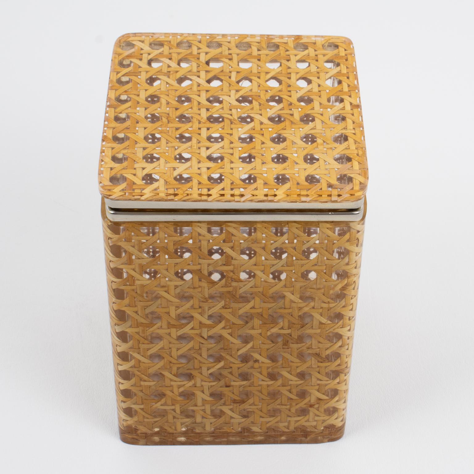 Metal Mid Century Chrome, Lucite and Rattan Tall Box, Italy 1970s For Sale