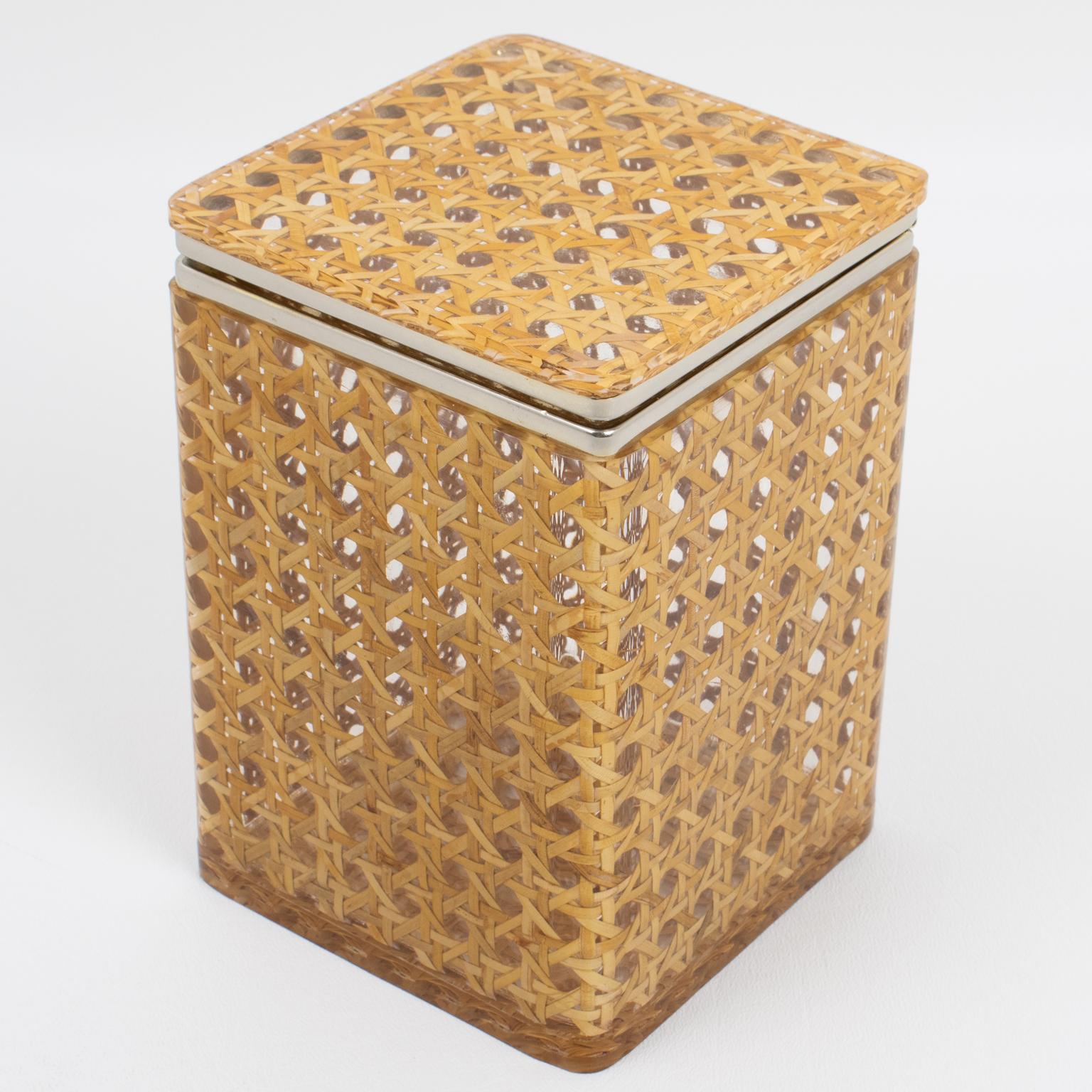 Mid Century Chrome, Lucite and Rattan Tall Box, Italy 1970s For Sale 1