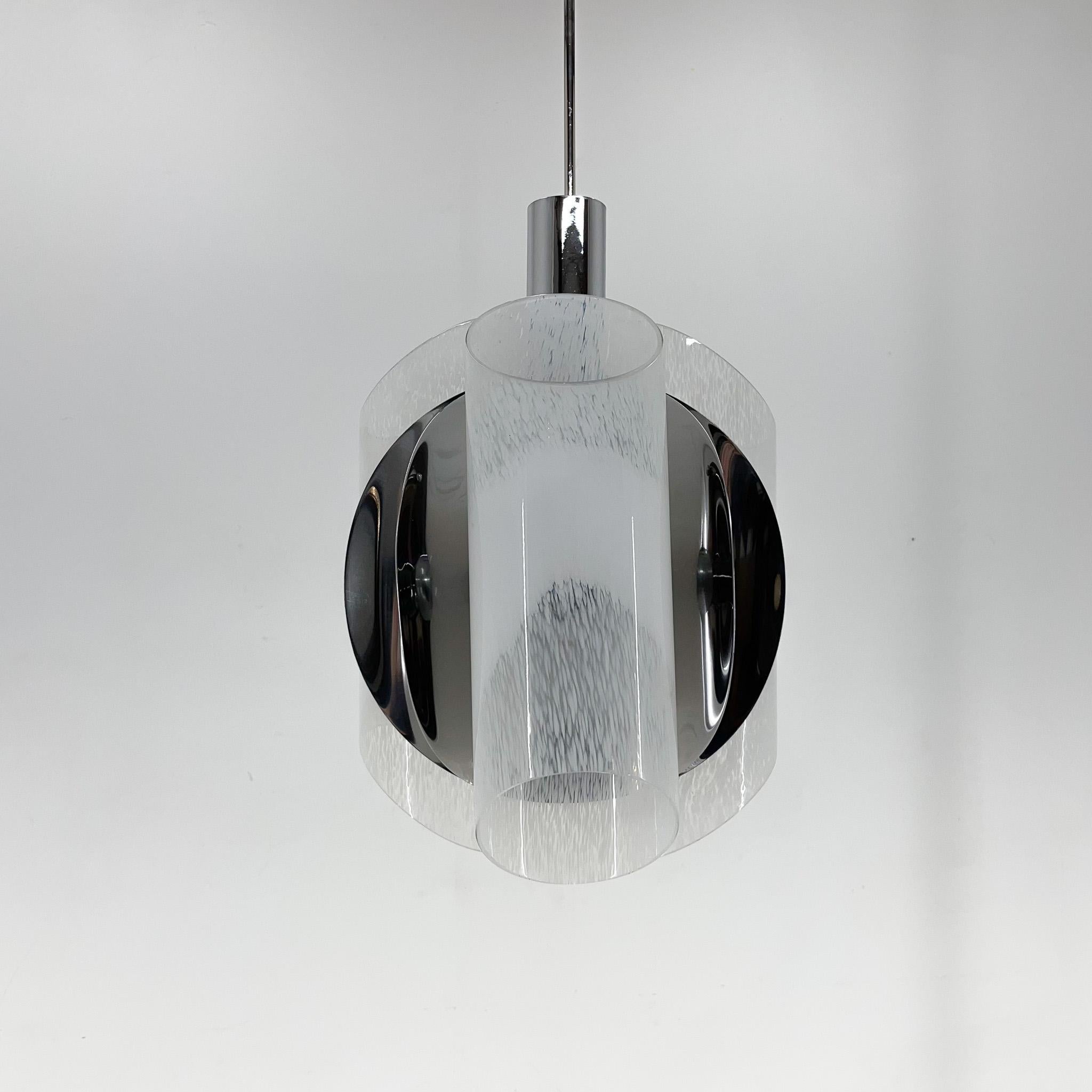 Beautiful three-light chandelier in chrome and white Murano glass, made in Italy in the 1970's. 