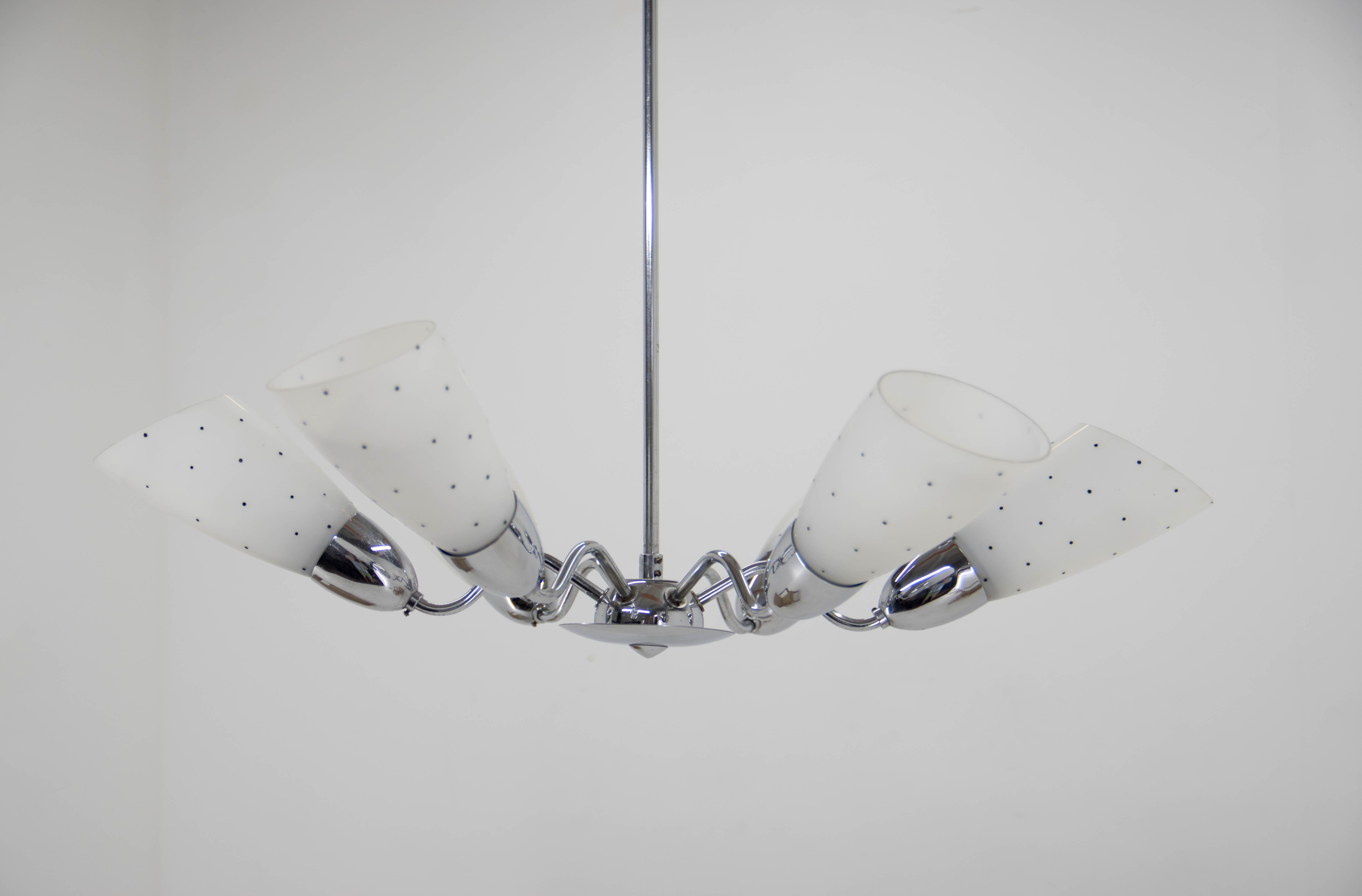 Czech Mid-Century Chrome-Plated 6 Flamming Chandelier by Instala Decin, 1950s For Sale