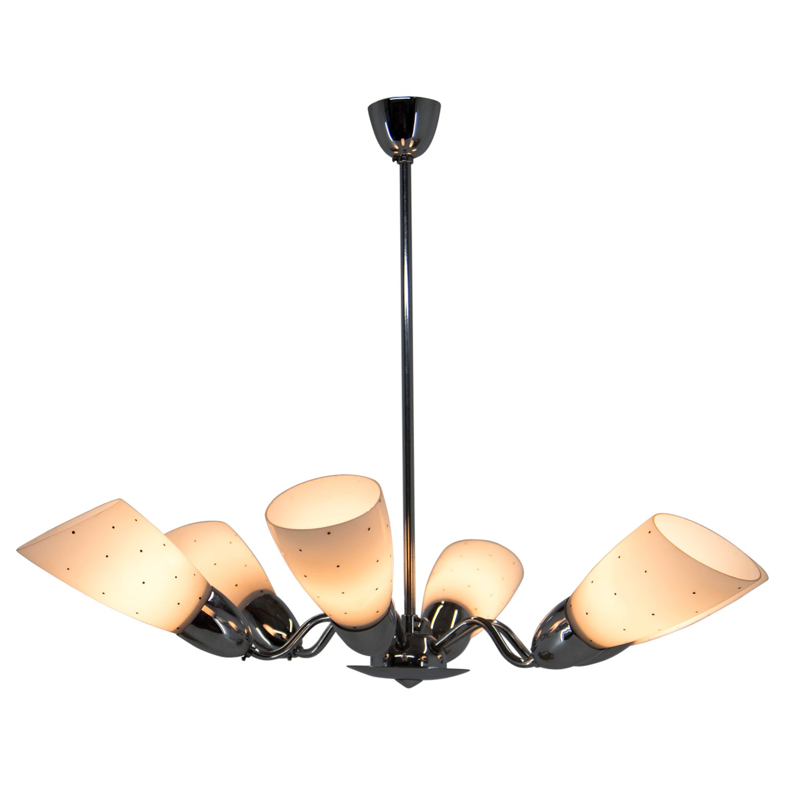 Mid-Century Chrome-Plated 6 Flamming Chandelier by Instala Decin, 1950s For Sale