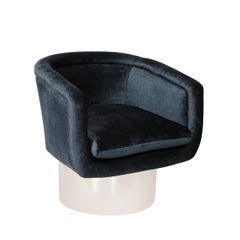 Mid-Century Chrome & Prussian Blue Velvet Swivel Chairs by Leon Rosen for Pace