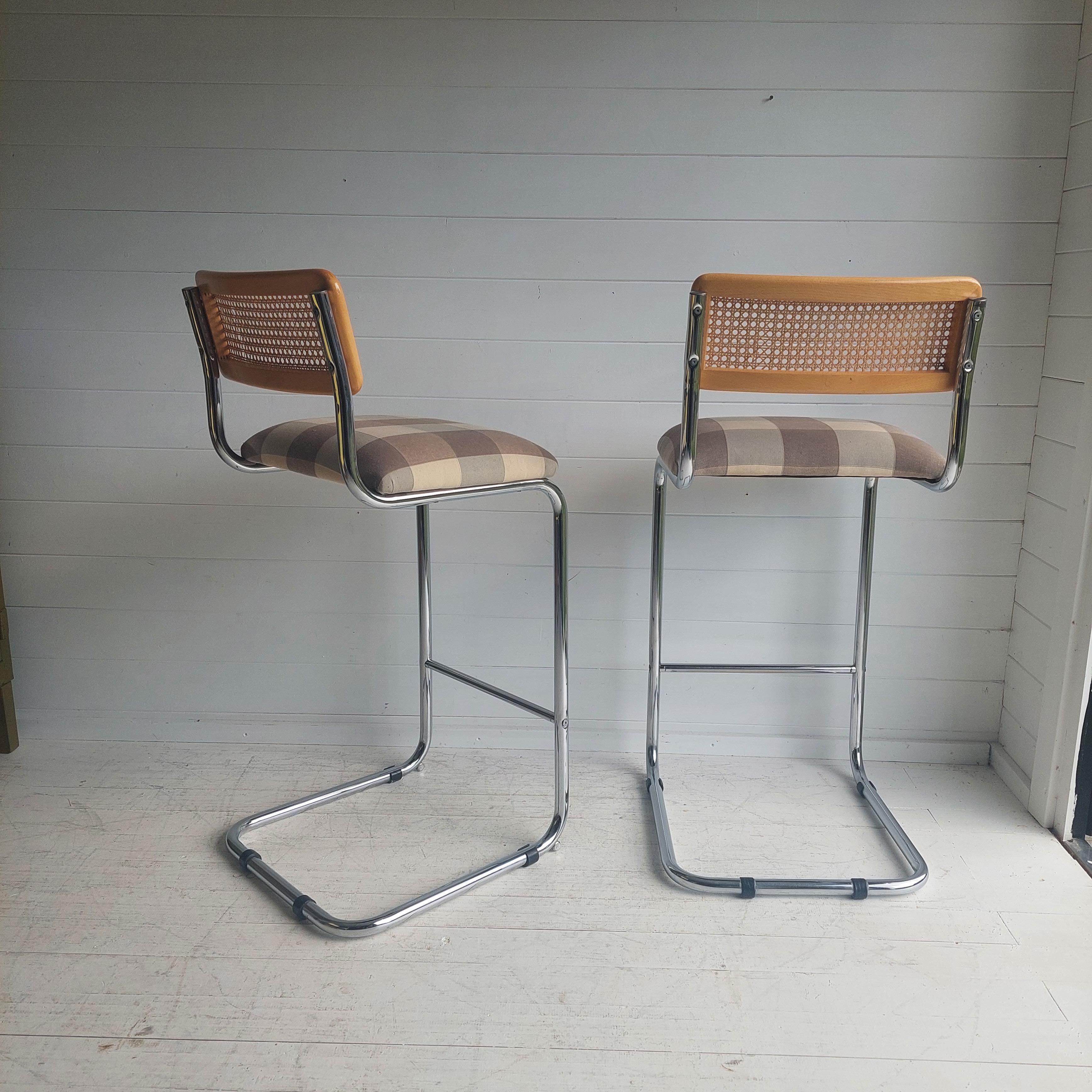 Mid Century Chrome Rattan Marcel Breuer Cesca Style S32 High Bar Stools, 70/80s 4