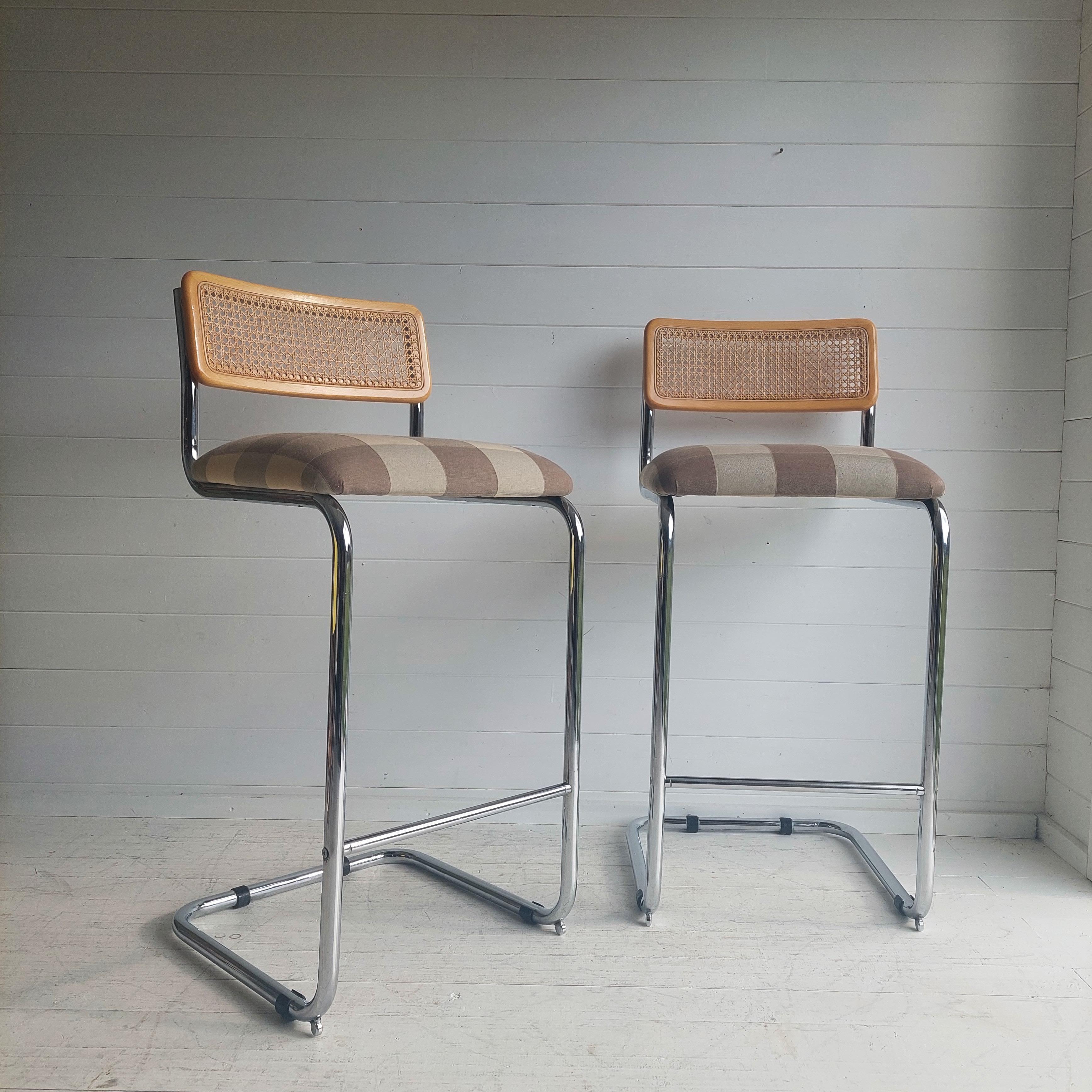 European Mid Century Chrome Rattan Marcel Breuer Cesca Style S32 High Bar Stools, 70/80s