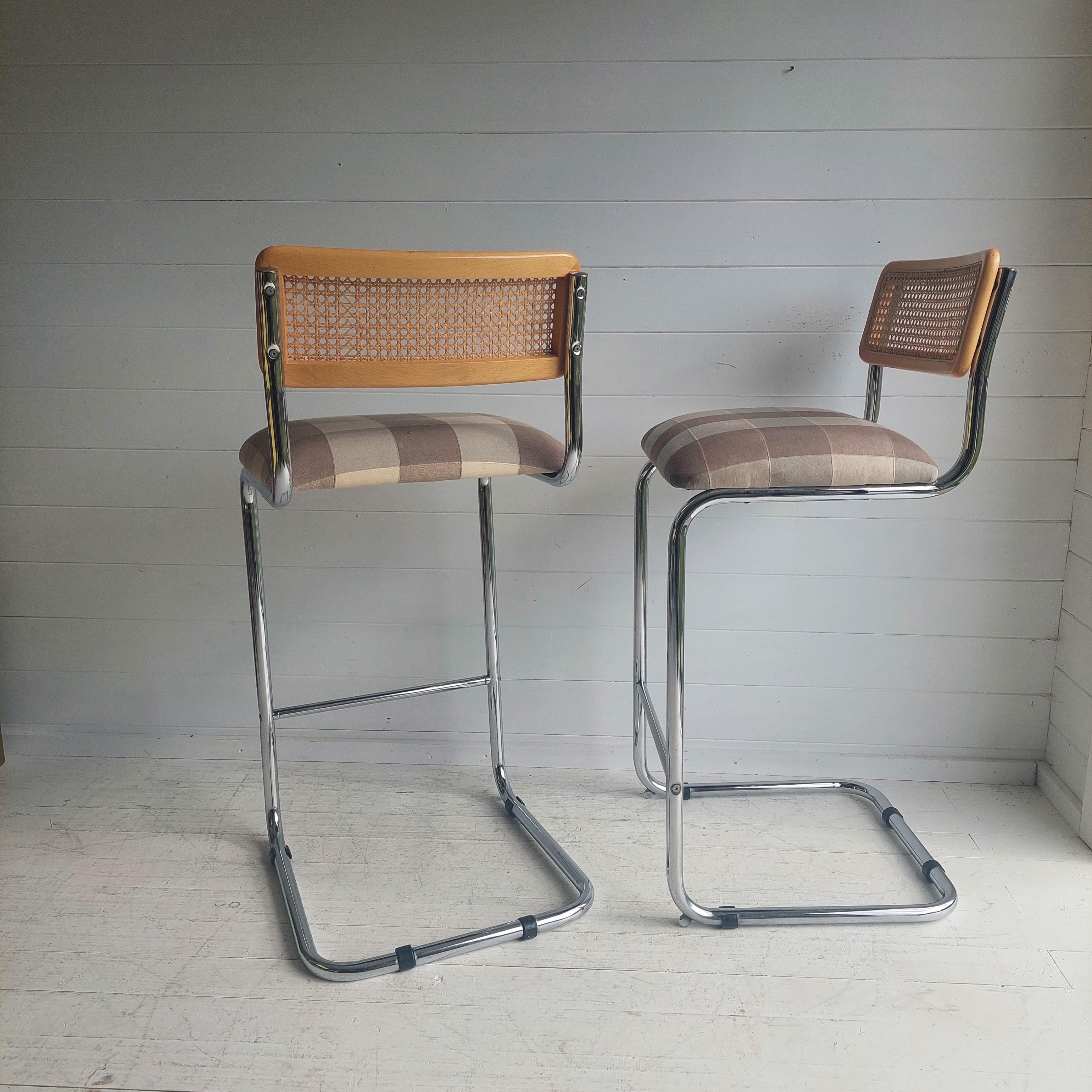 Mid Century Chrome Rattan Marcel Breuer Cesca Style S32 High Bar Stools, 70/80s 1