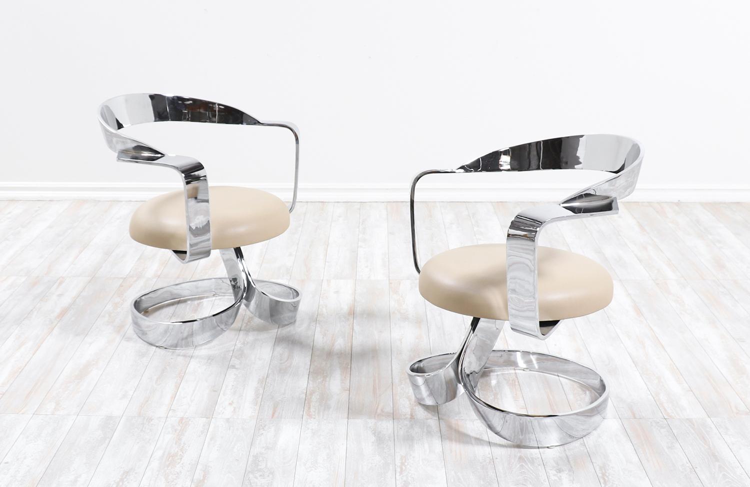 Spanish Expertly Restored - Midcentury Chrome Ribbon Style Swivel Lounge Chairs For Sale