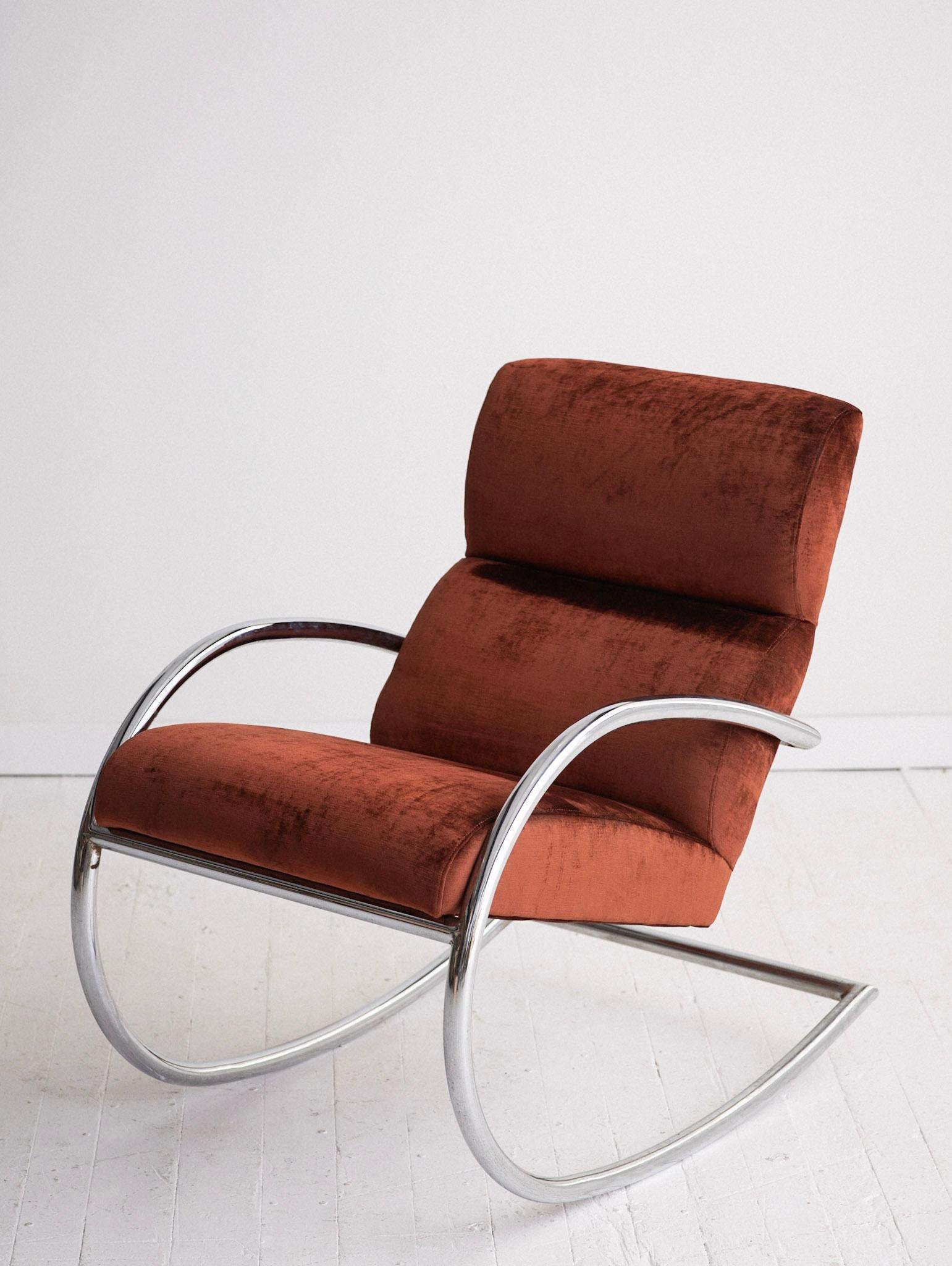 Mid Century Chrome Rocking Chair in Rust Velvet at 1stDibs | rust ...