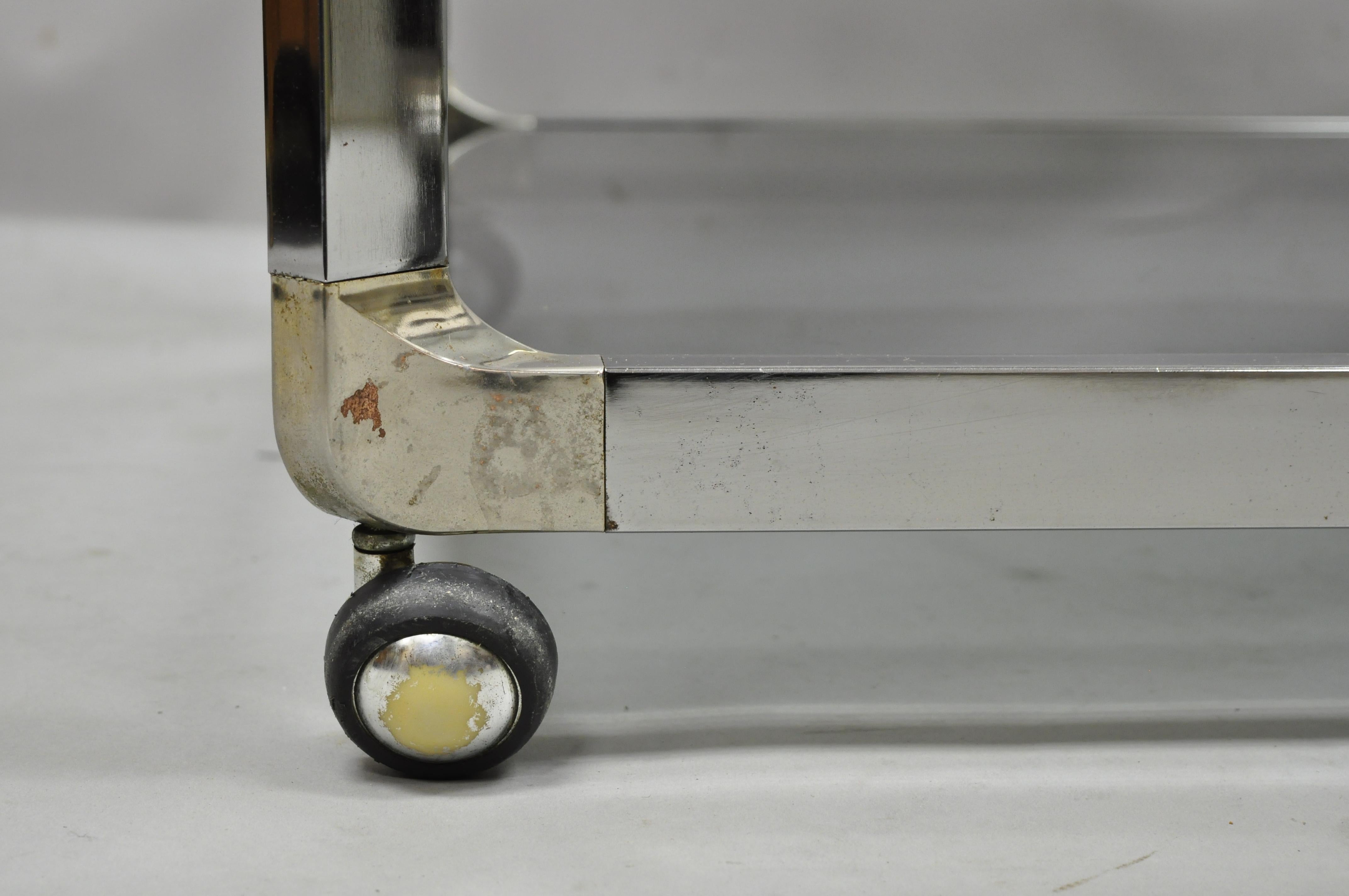Mid Century Chrome Smoked Glass Rolling Bar Cart Occasional Side Table on Wheels 3