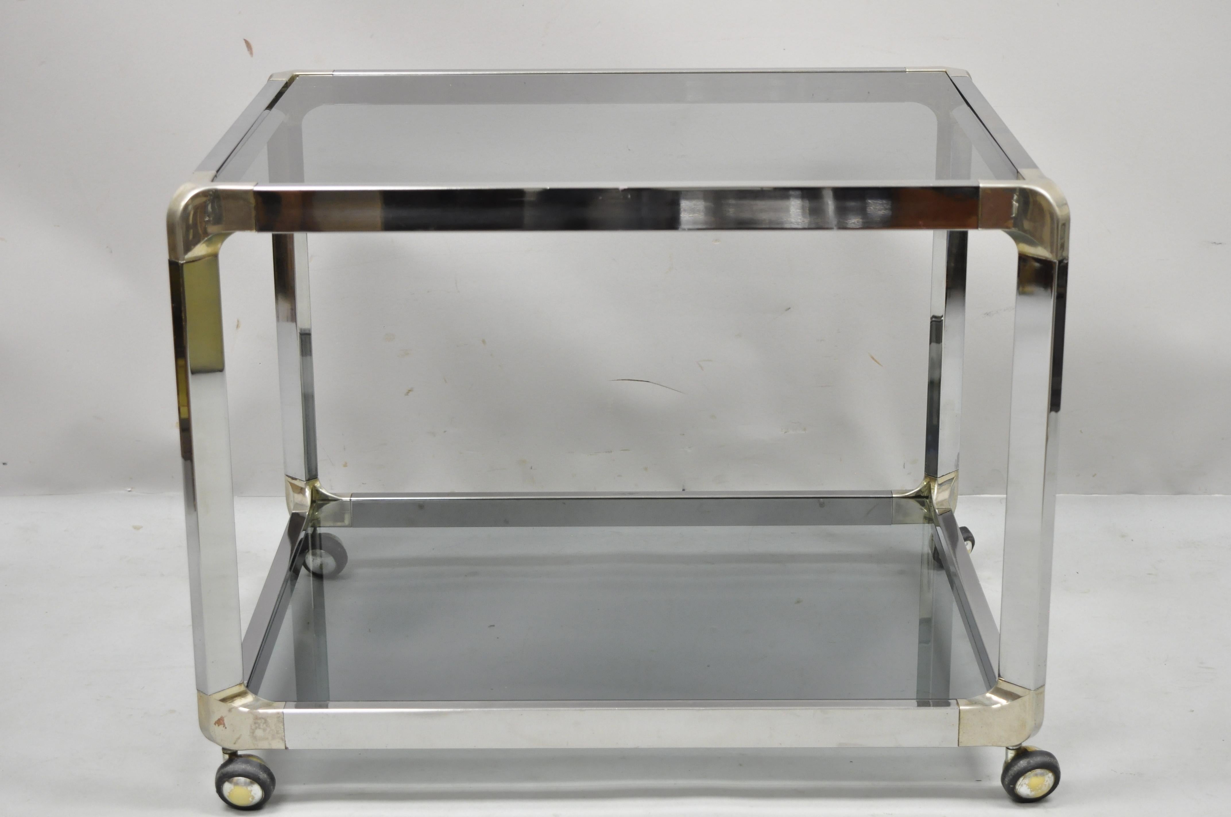 Mid Century Chrome Smoked Glass Rolling Bar Cart Occasional Side Table on Wheels 4