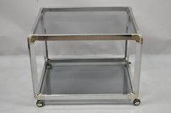 Mid Century Chrome Smoked Glass Rolling Bar Cart Occasional Side Table on Wheels