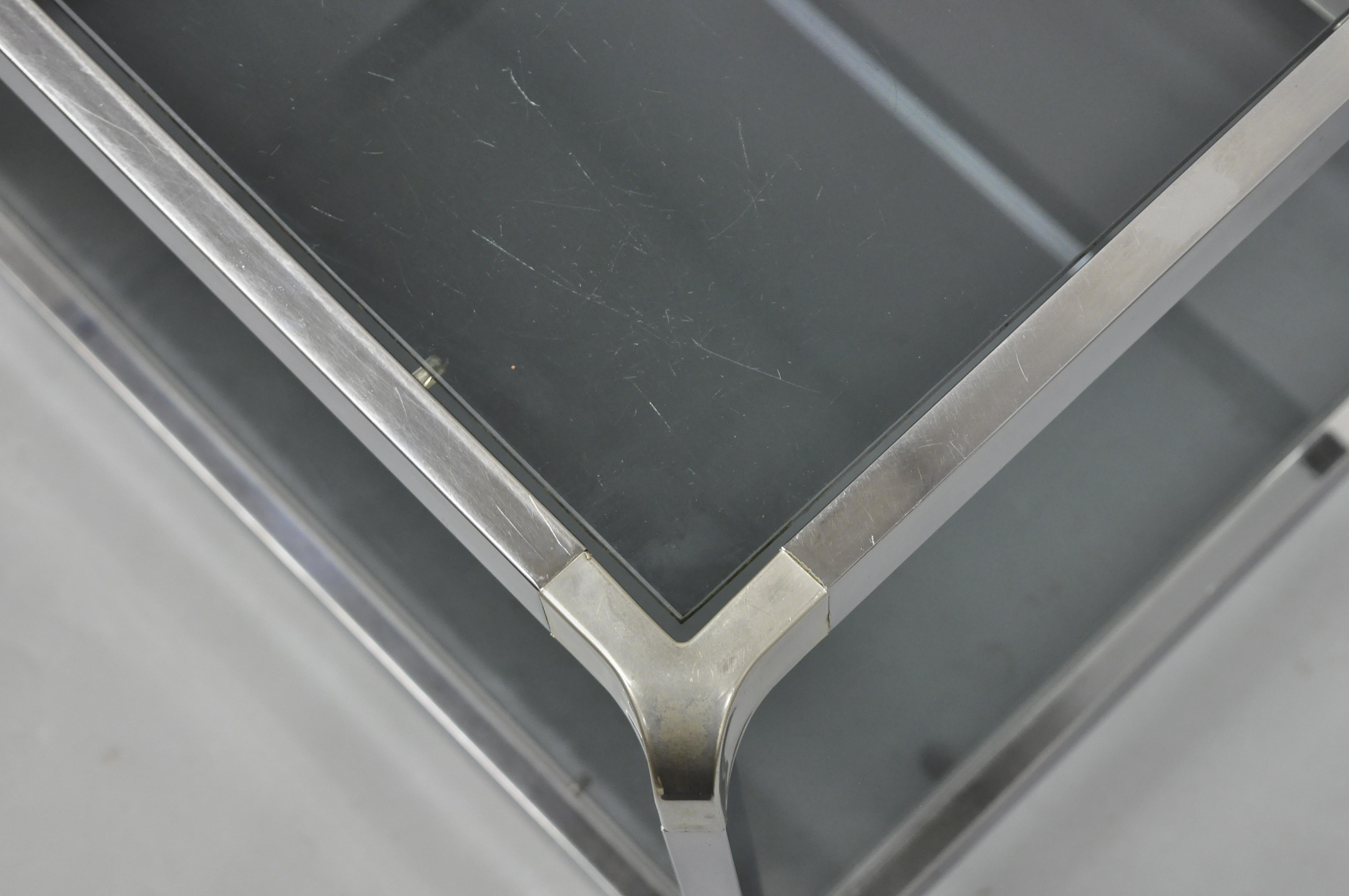 Mid Century Chrome Smoked Glass Rolling Bar Cart Occasional Side Table on Wheels In Good Condition In Philadelphia, PA