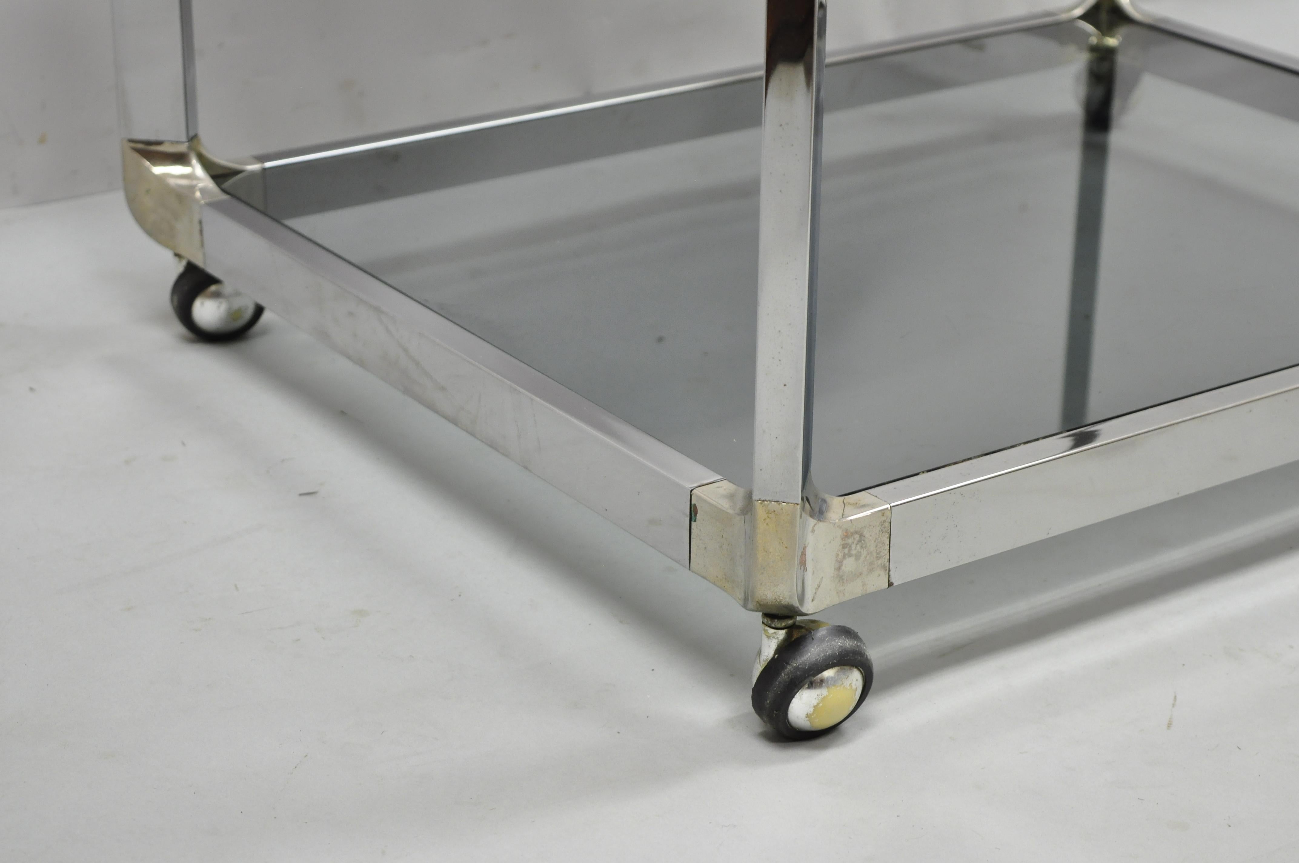 Late 20th Century Mid Century Chrome Smoked Glass Rolling Bar Cart Occasional Side Table on Wheels