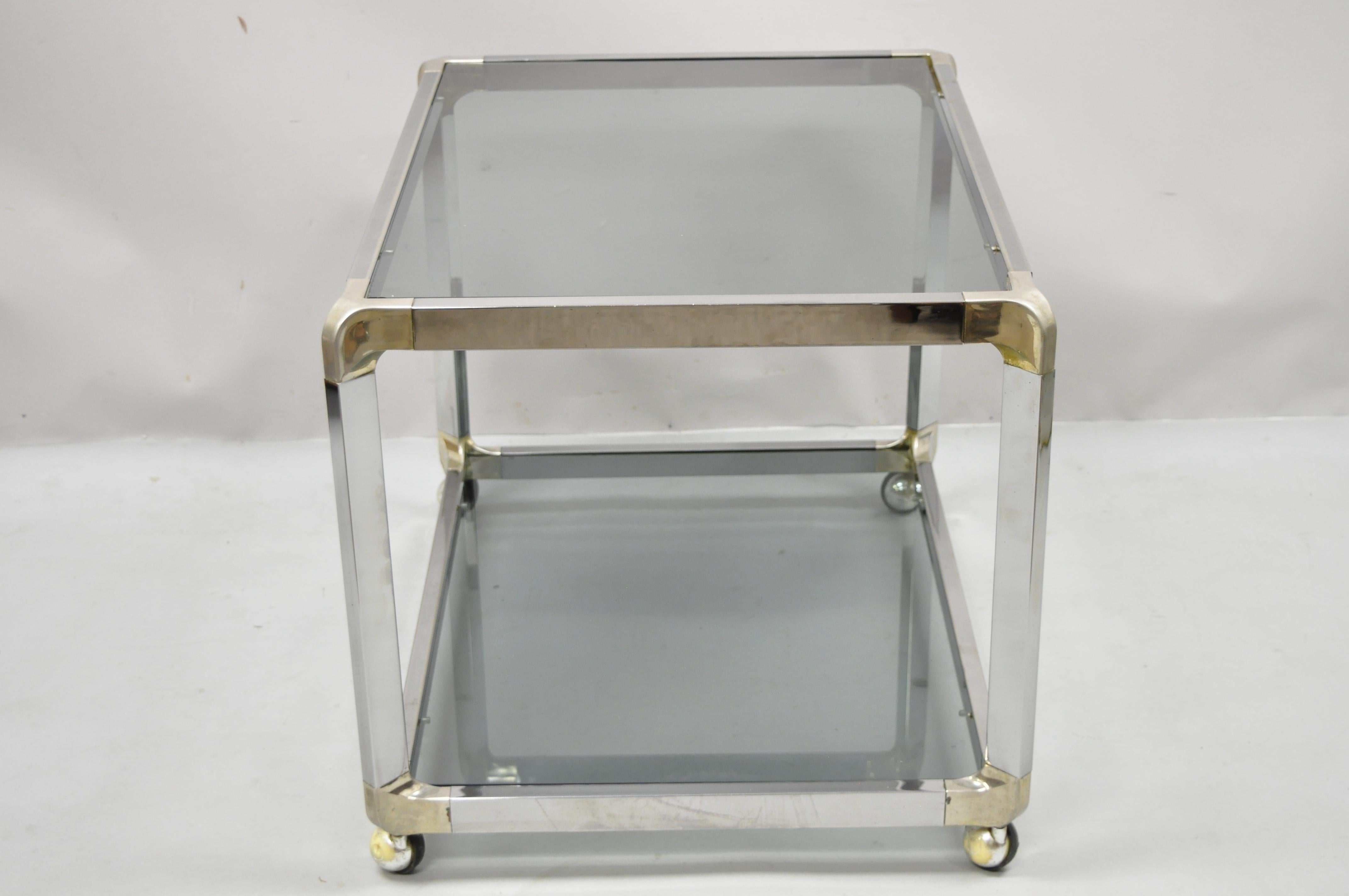 Mid Century Chrome Smoked Glass Rolling Bar Cart Occasional Side Table on Wheels 2