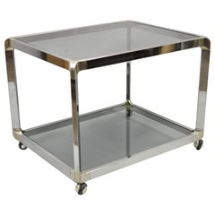 Mid Century Chrome Smoked Glass Rolling Bar Cart Occasional Side Table on Wheels