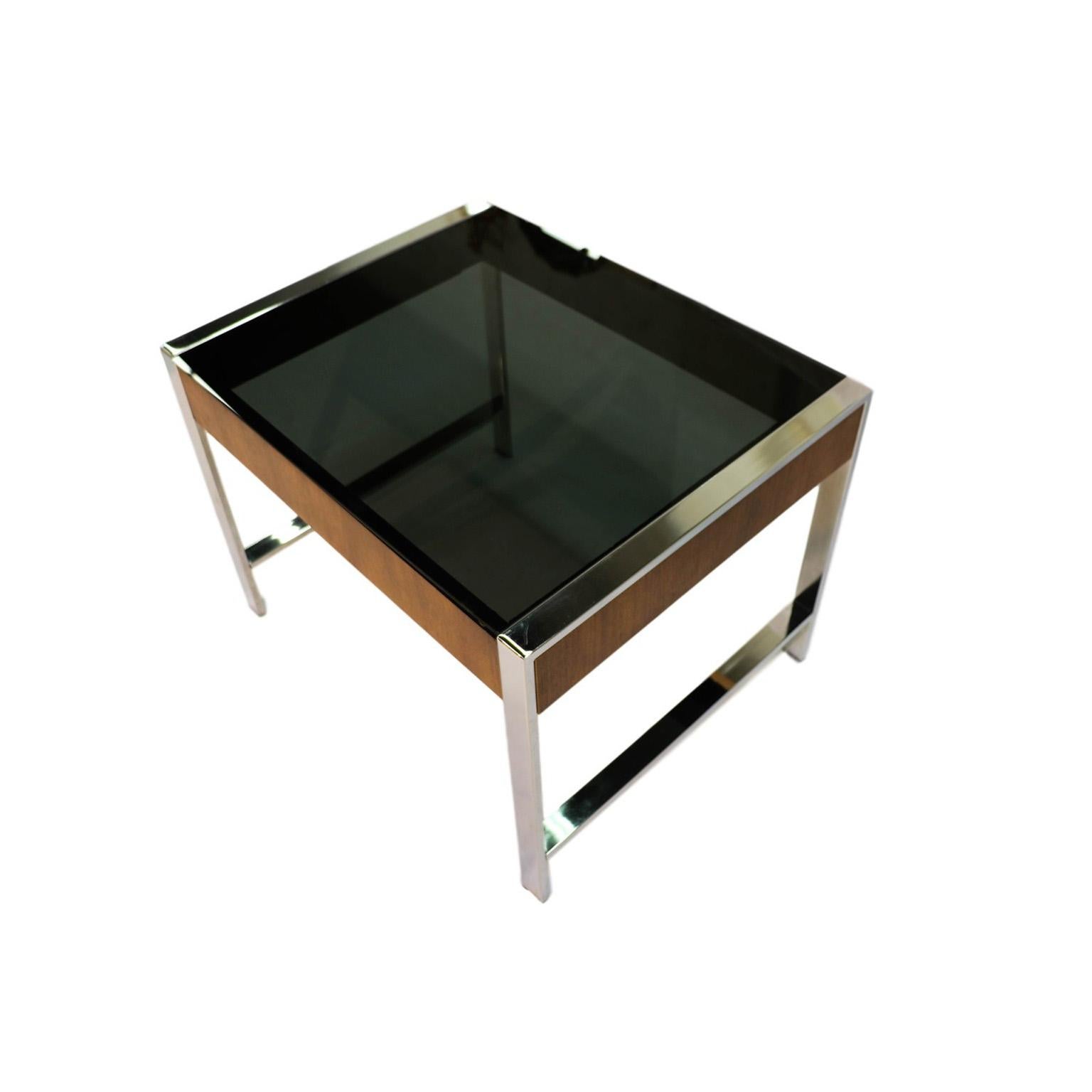Mid-Century Modern Midcentury Chrome Smoked Glass Side Table Milo Baughman Style