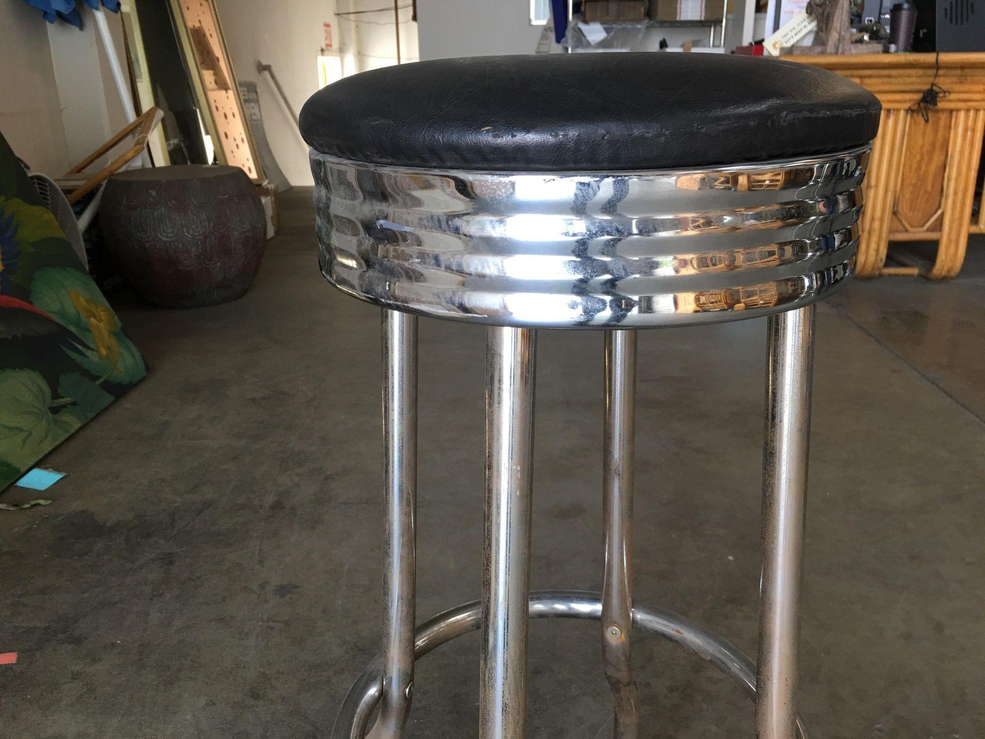 Mid-Century Chrome Soda Shop Dinner Bar Stool, Pair In Distressed Condition For Sale In Van Nuys, CA