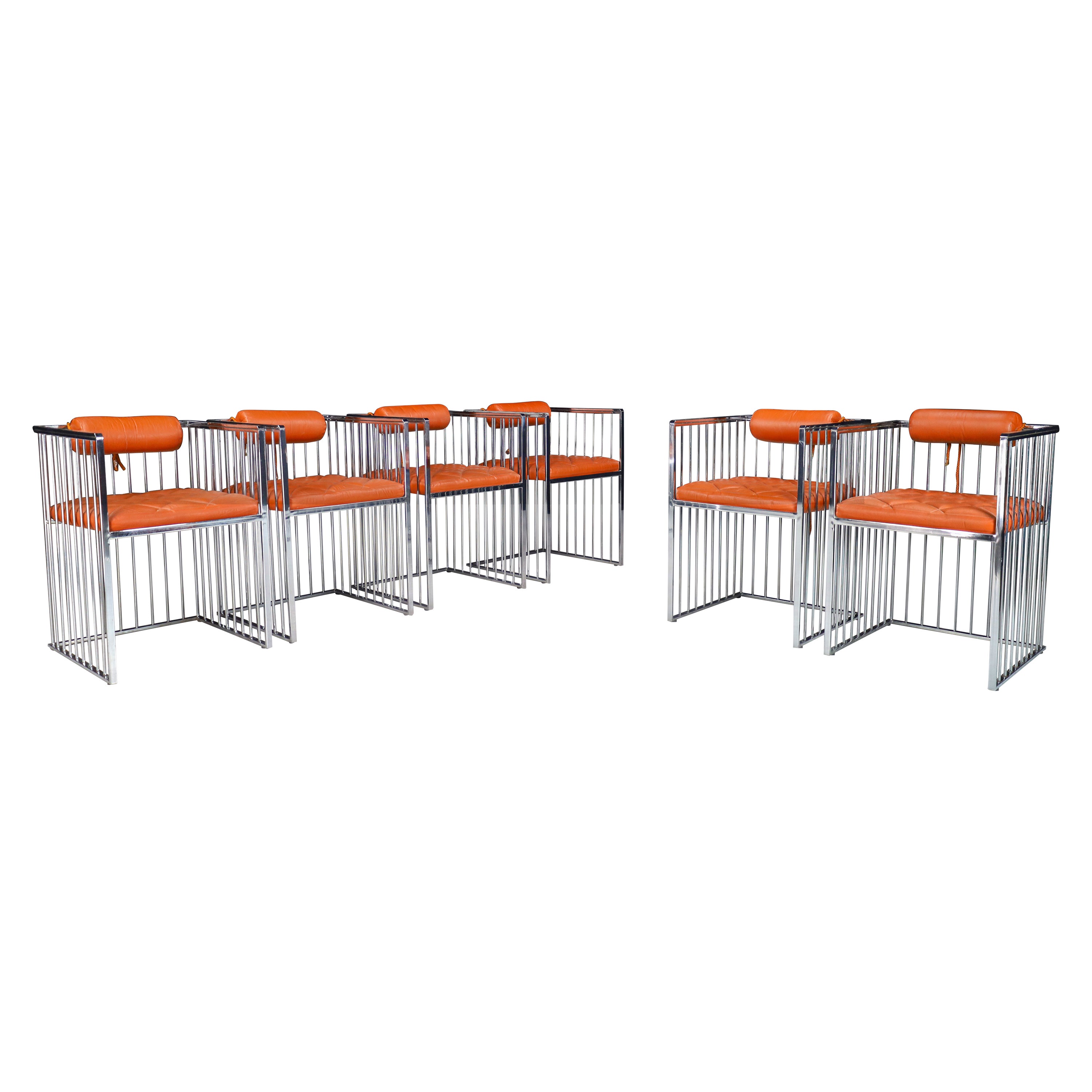 Chaises de salle à manger en acier chromé et cuir du milieu du siècle, Italie, années 1970