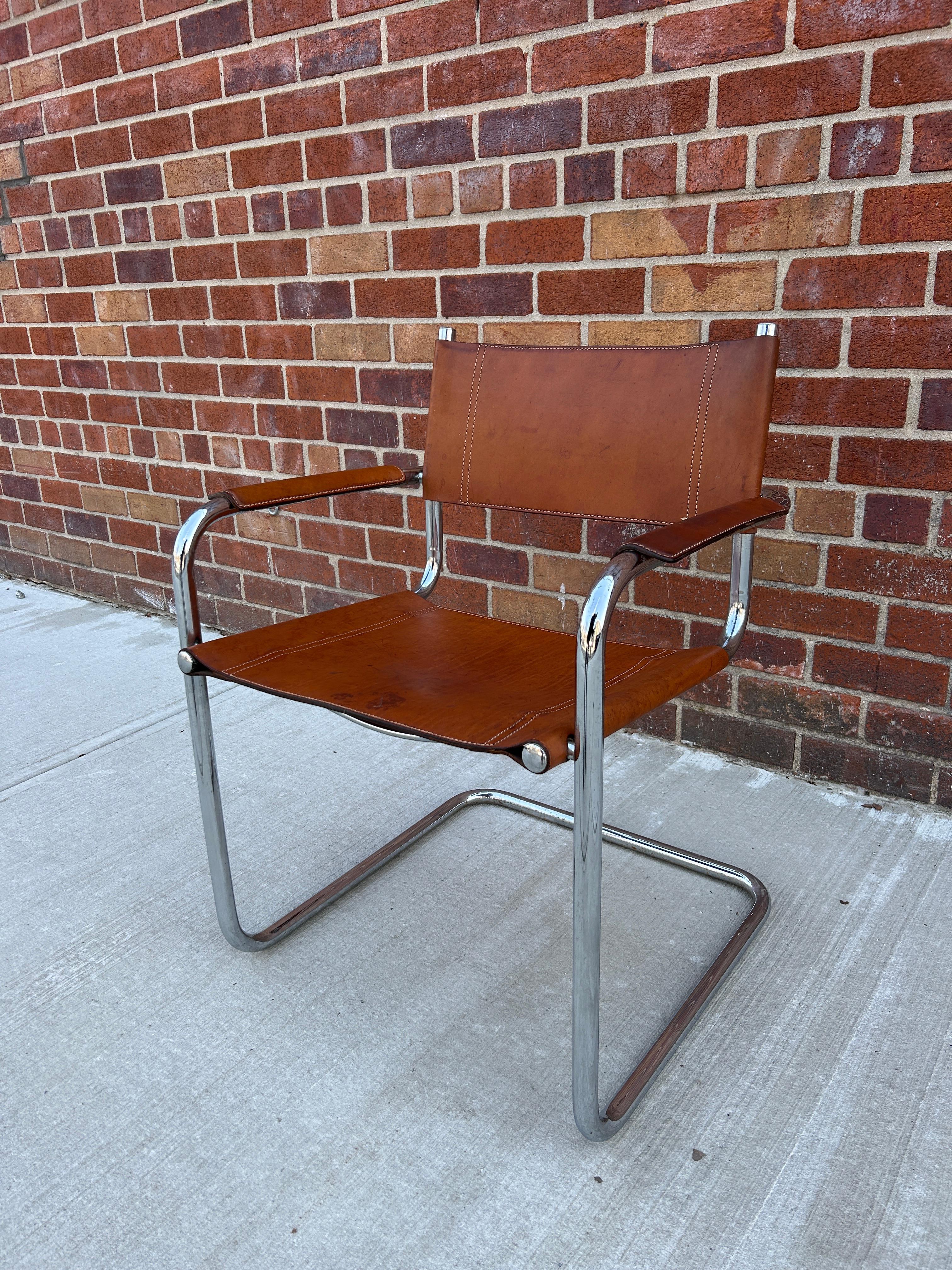 Mid-Century Modern Mid century chrome tan leather Mart stam B34 dining arm chair 