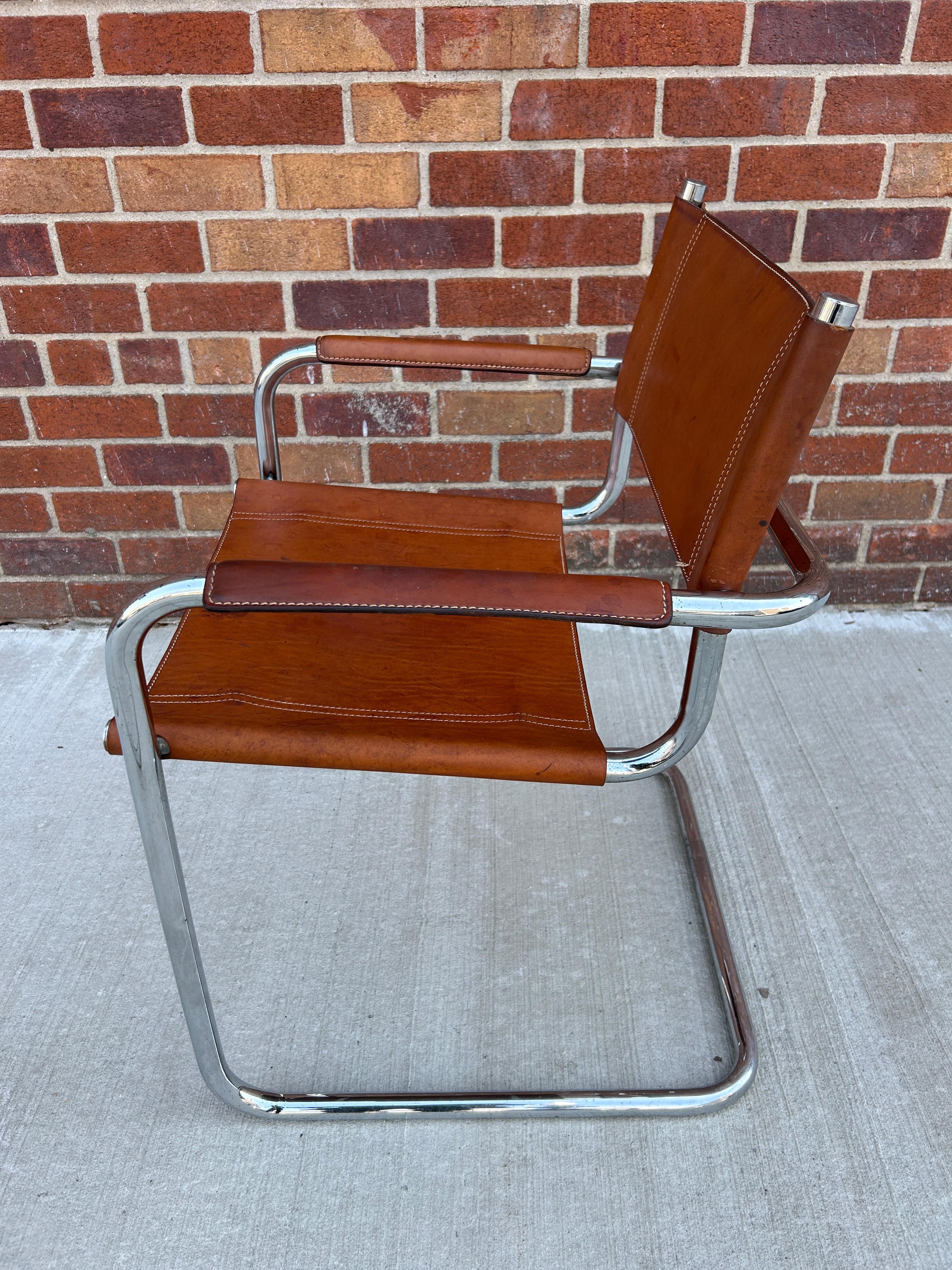 Italian Mid century chrome tan leather Mart stam B34 dining arm chair 
