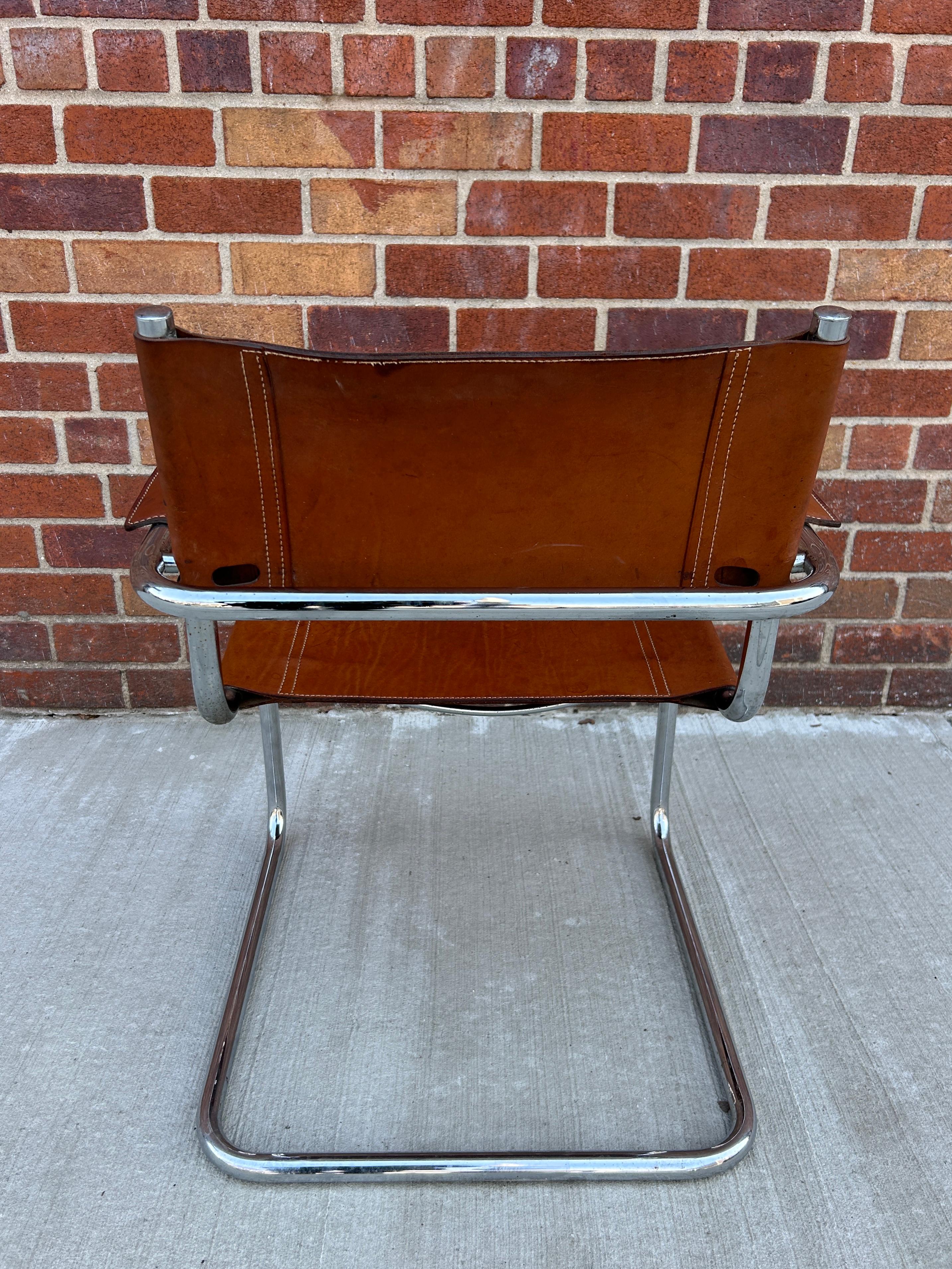 Mid century chrome tan leather Mart stam B34 dining arm chair  In Good Condition In BROOKLYN, NY