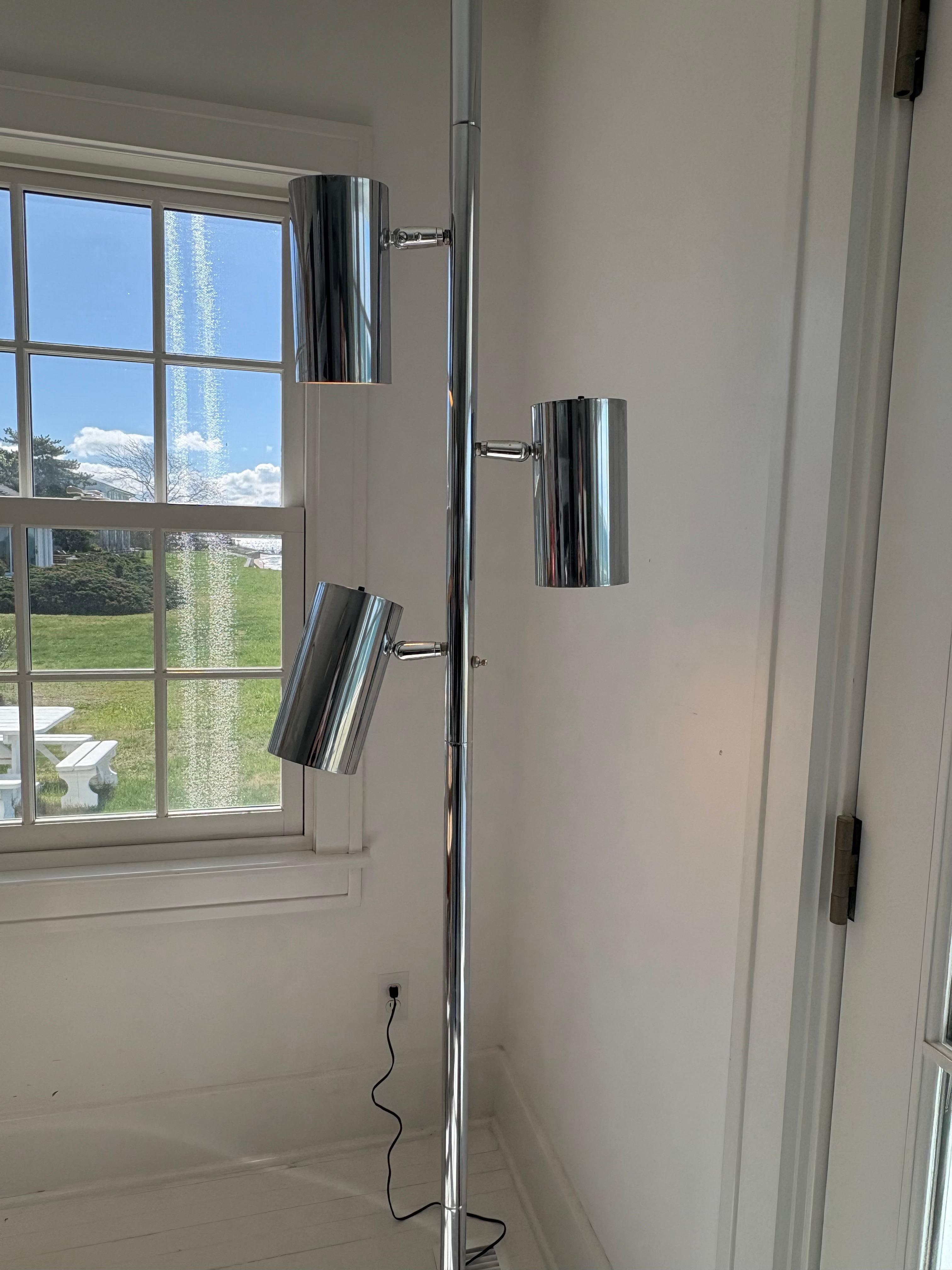 Mid Century Chrome Tension Pole Floor Lamp with 3 Chrome Cylinder Shades 2