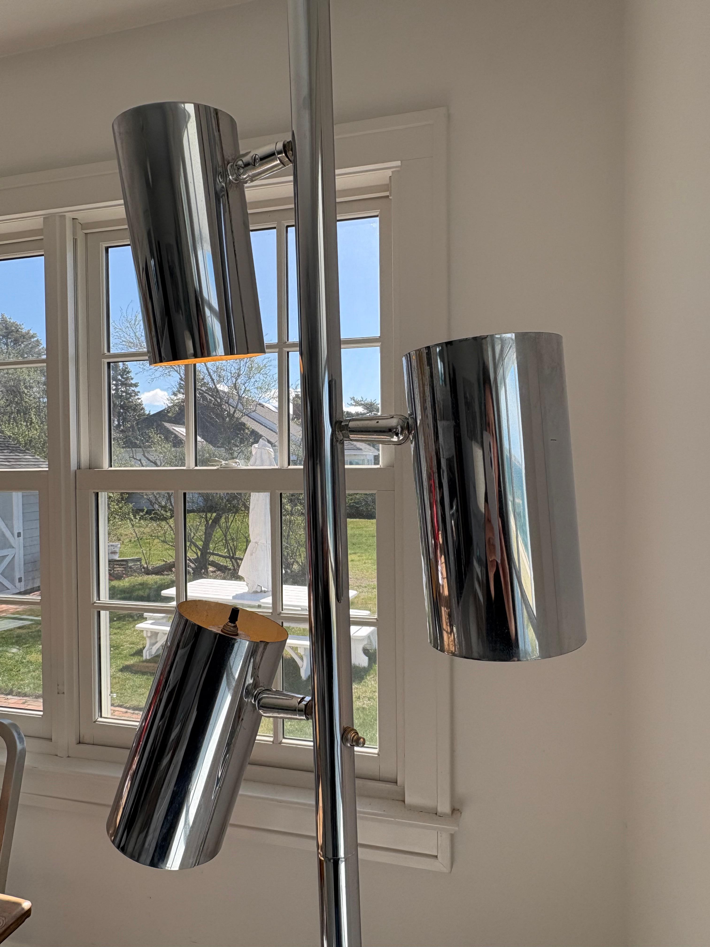 Mid Century Chrome Tension Pole Floor Lamp with 3 Chrome Cylinder Shades 3