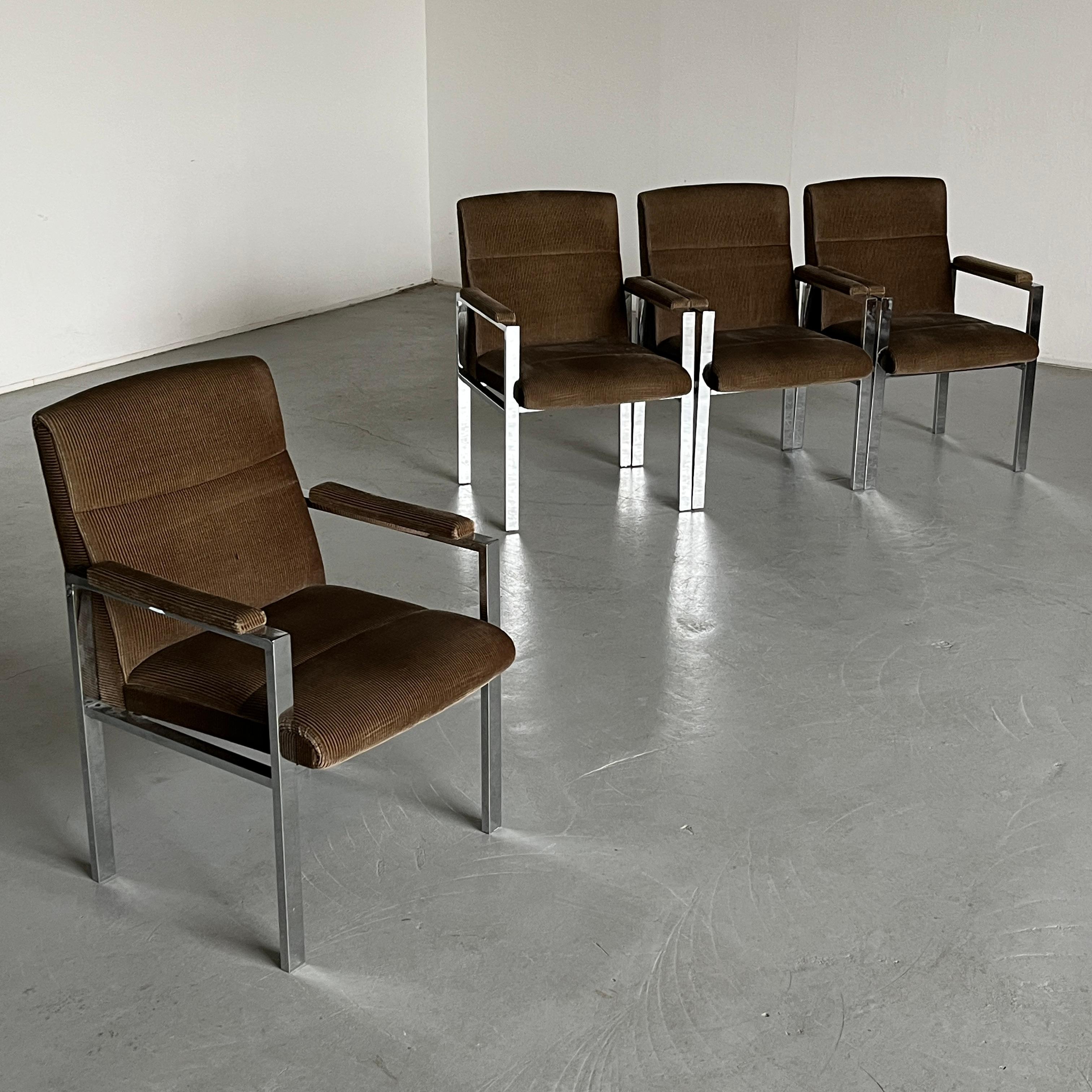 Vintage Mid-century modern armchairs in brown corduroy upholstery and chromed steel frame by German manufacturer Kondor.

Produced in Germany in the 1970s. Heavy, sturdy and quality build.
Overall in good vintage condition with expected signs of