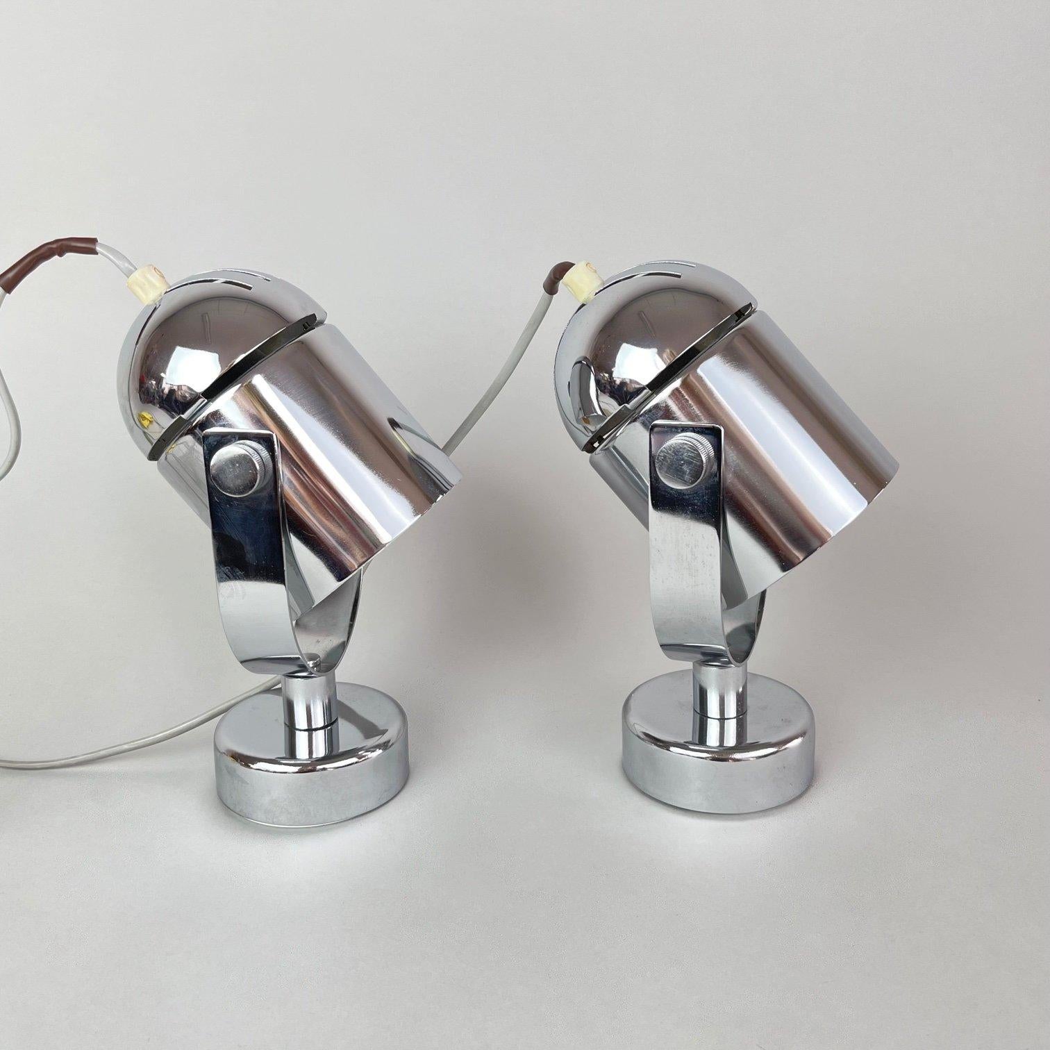 Pair of vintage chrome wall lamps designed by Stanislav Indra in former Czechoslovakia in the 1970's. Very good vintage condition. Original wiring, fully functional. 
Bulbs: 2 x 1 E27 or E26.