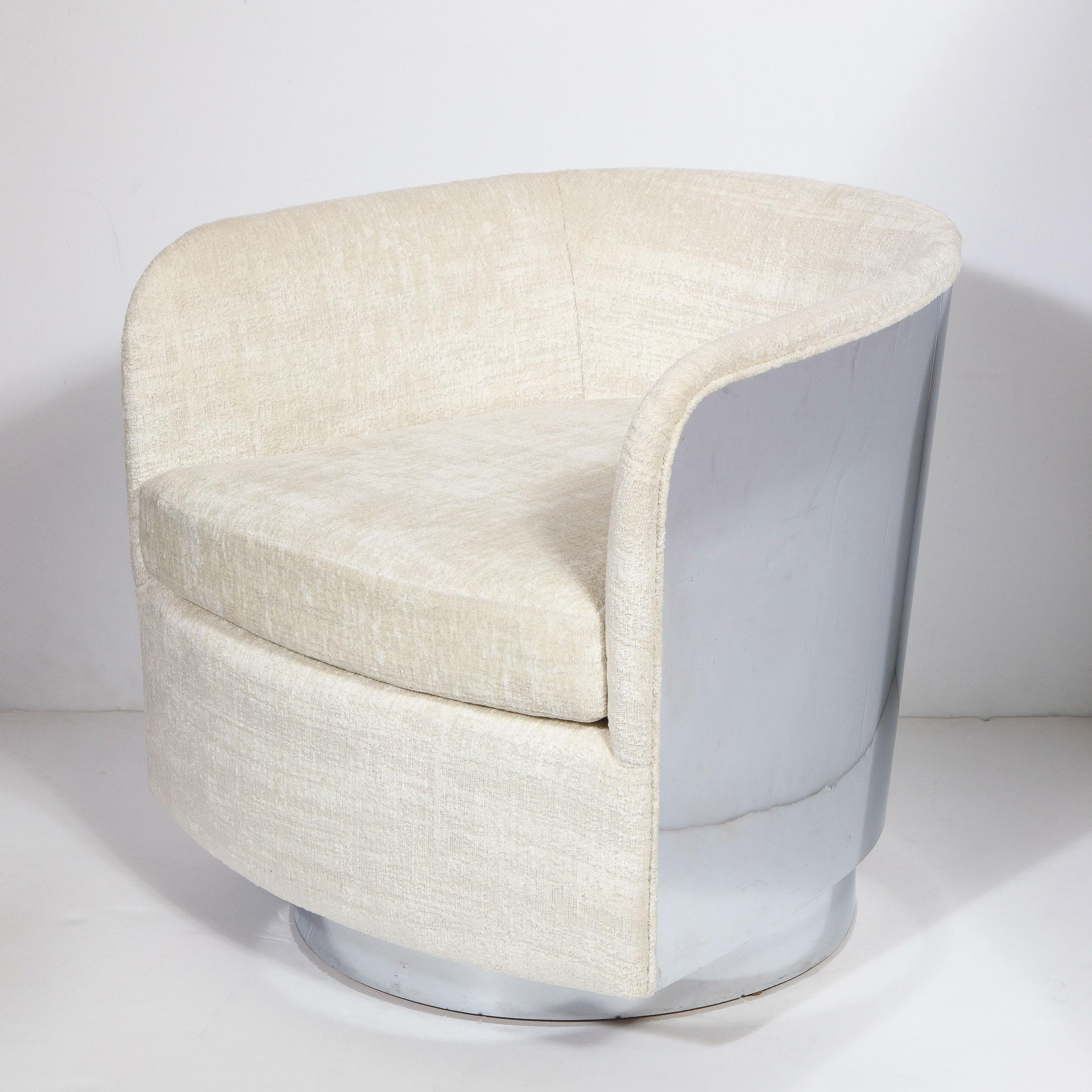 Mid-Century Modern Midcentury Chrome Wrapped Swivel Club Chair in Cream Boucle by Milo Baughman