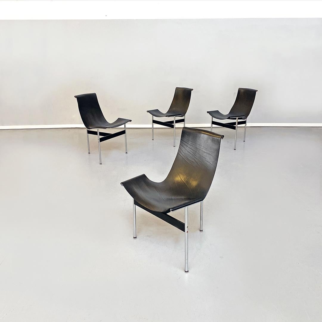 Mid-century chromed black leather T chairs, Katavolos, Kelley, Littell, Laverne.
Eight model T chairs, with chromed and enamelled steel frame with support seats in black leather.
Very elegant and comfortable dining set, designed by William