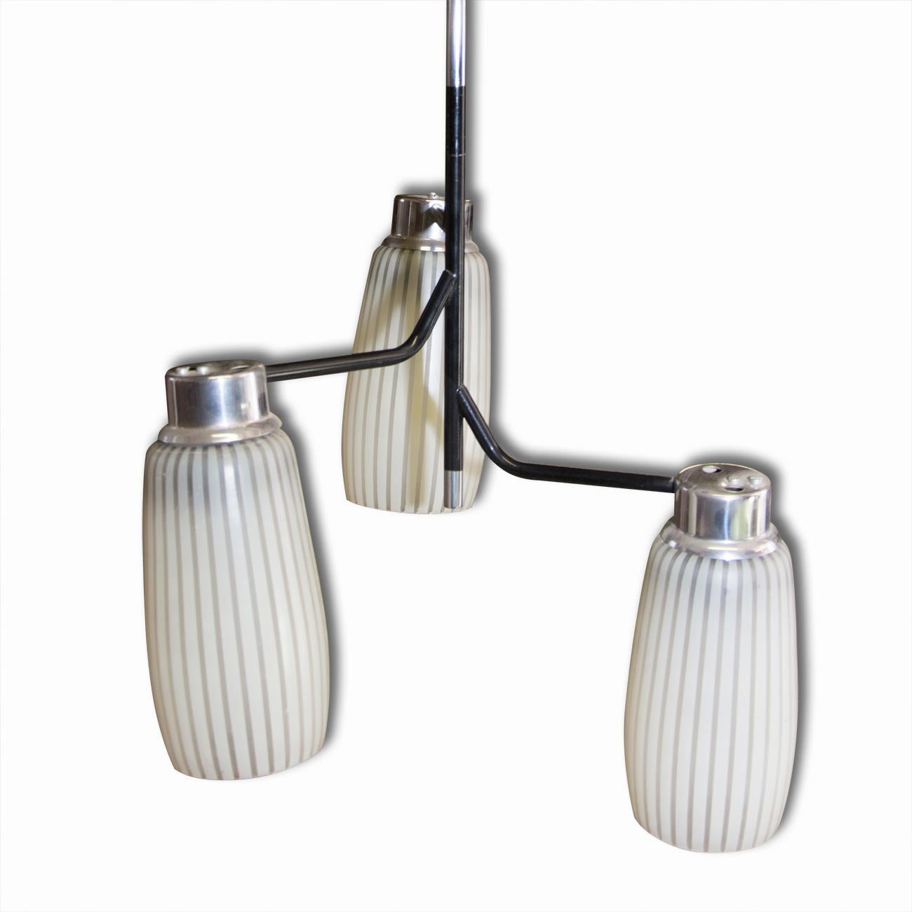 Milk Glass Mid Century Chromed Hanging Lamp by Drupol, Czechoslovakia, 1960s For Sale