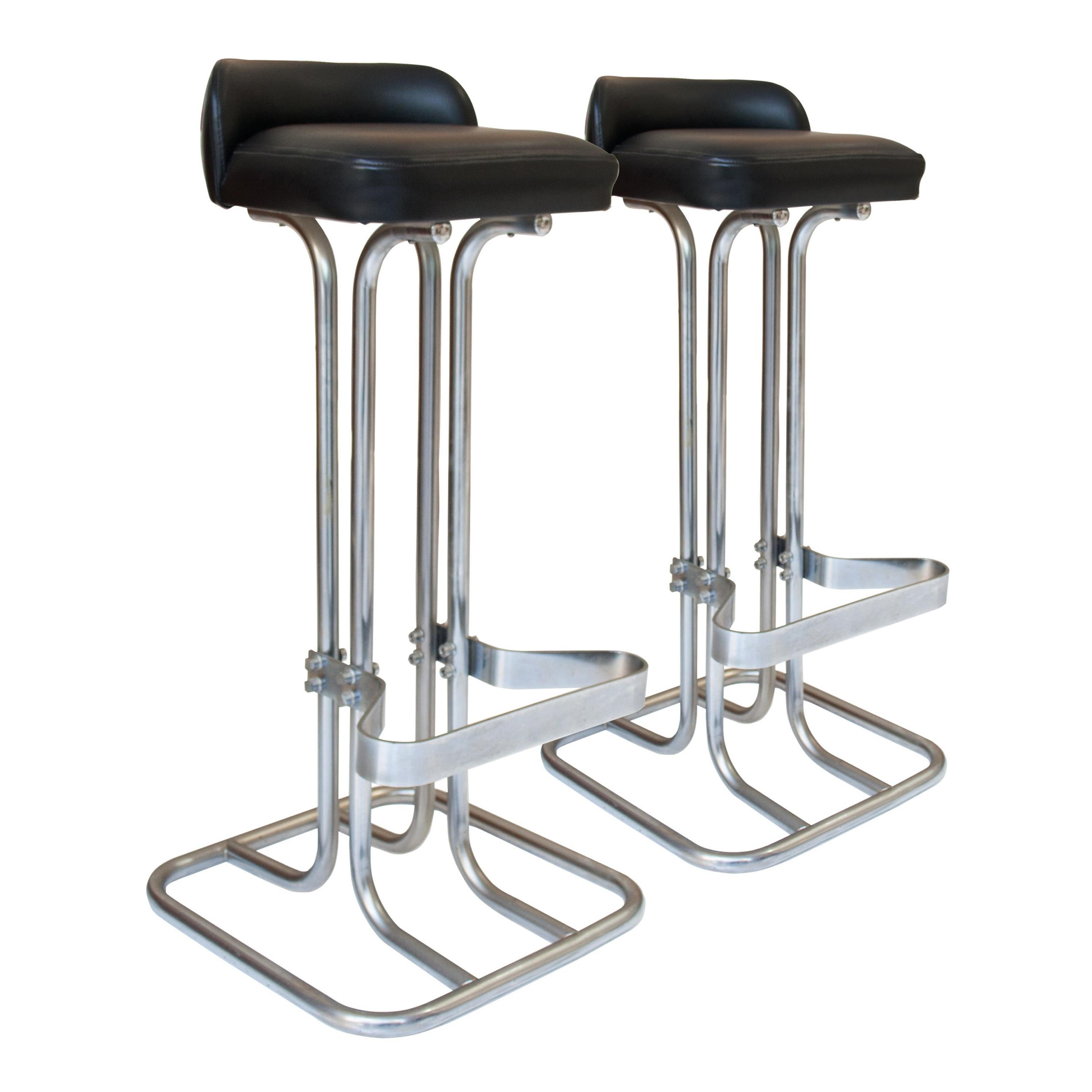 Mid-Century Chromed Leather Bar Pair of Stools, Italy, 1970