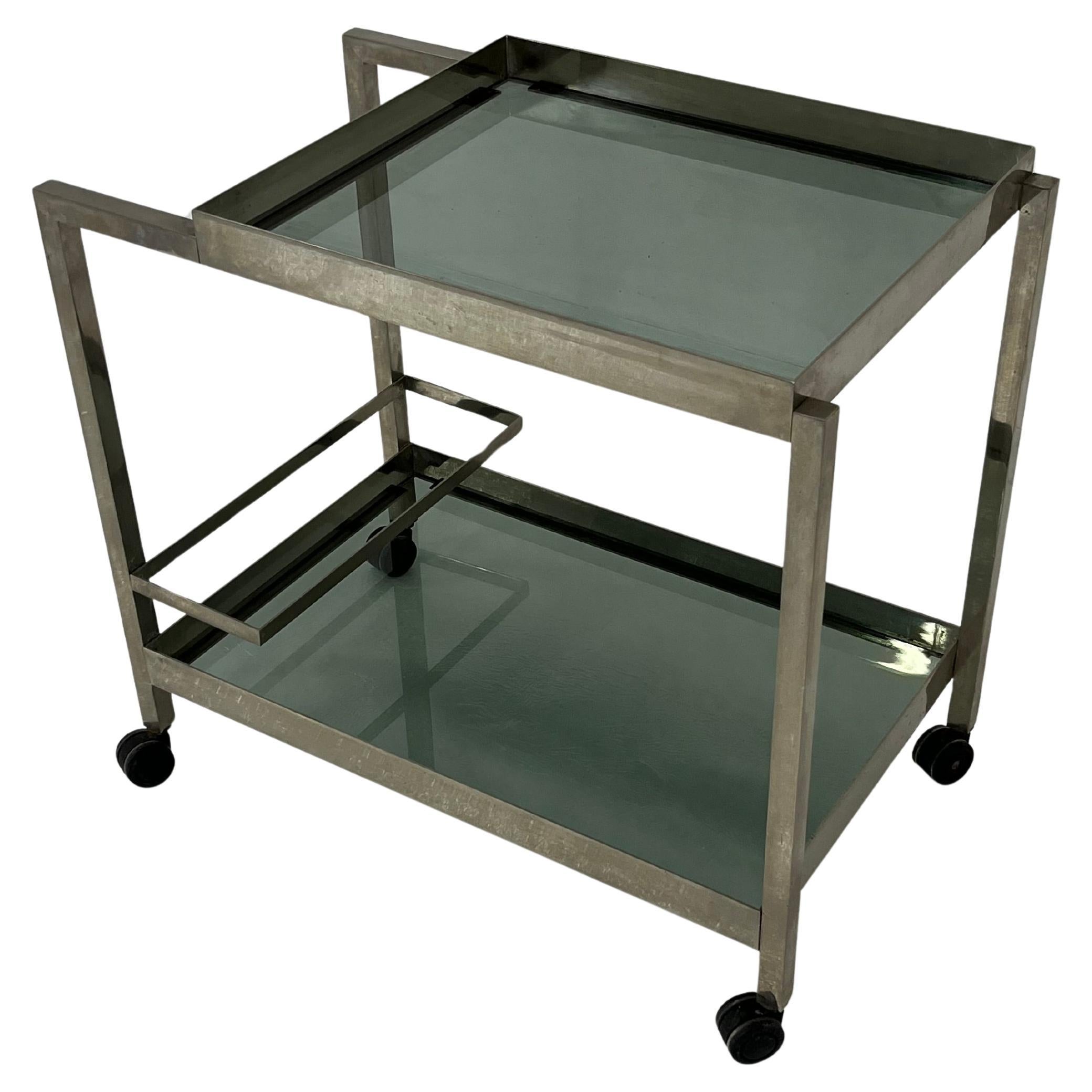 Mid-Century Chromed Metal Bar Cart, Smoked Glass Tops, 1960s