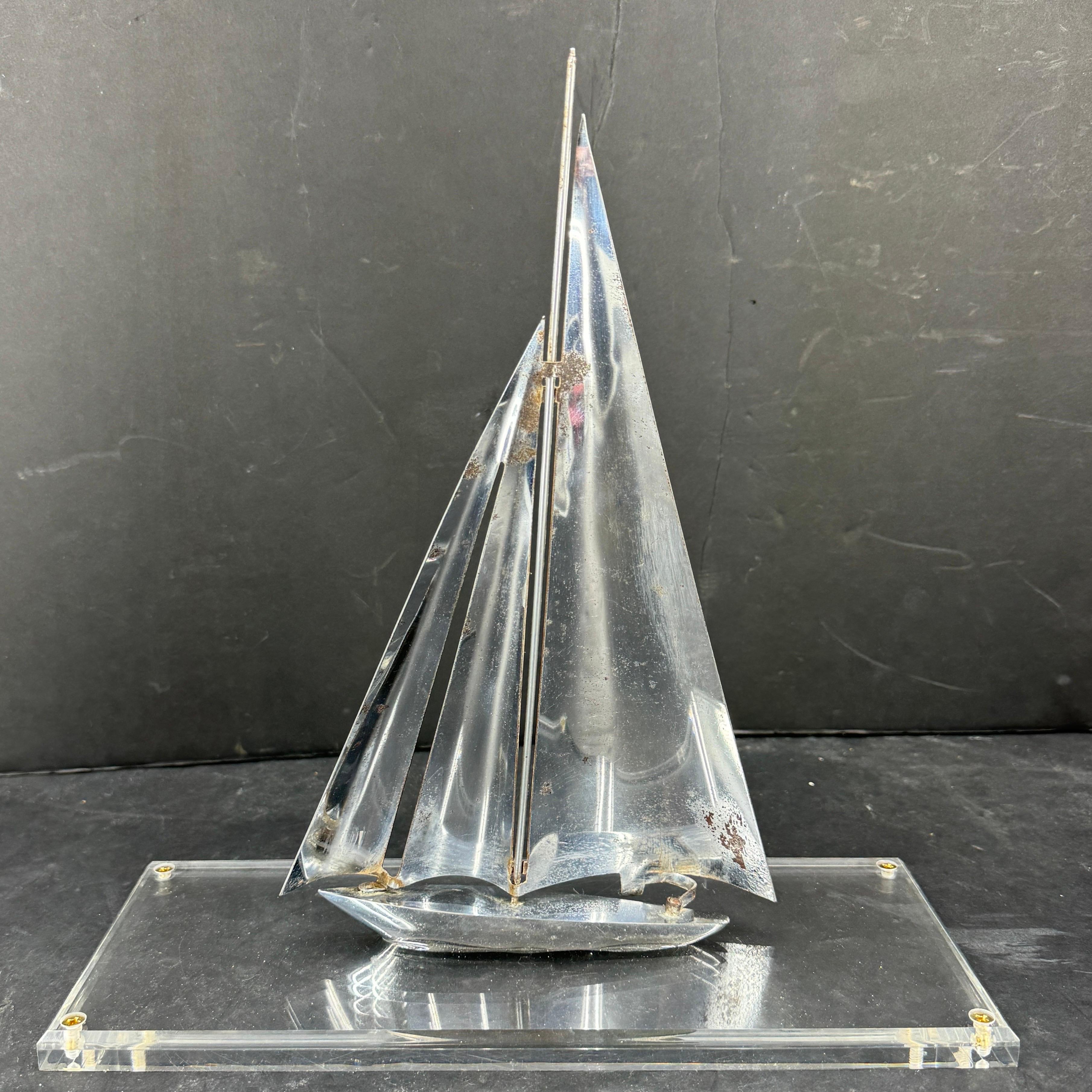 Mid-Century Chromed Sailboat Sculpture on Lucite Stand For Sale 3