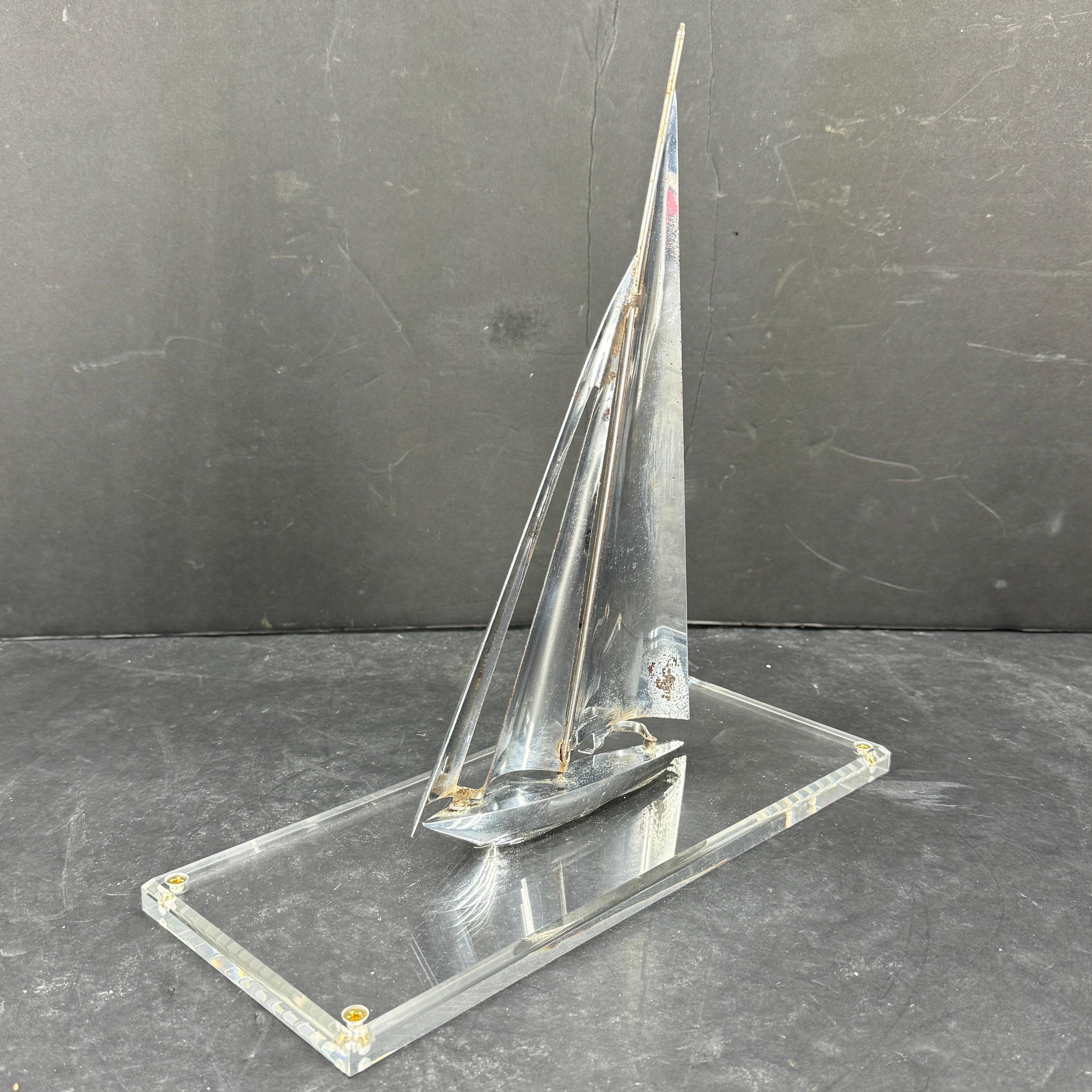 Mid-Century Chromed Sailboat Sculpture on Lucite Stand For Sale 4