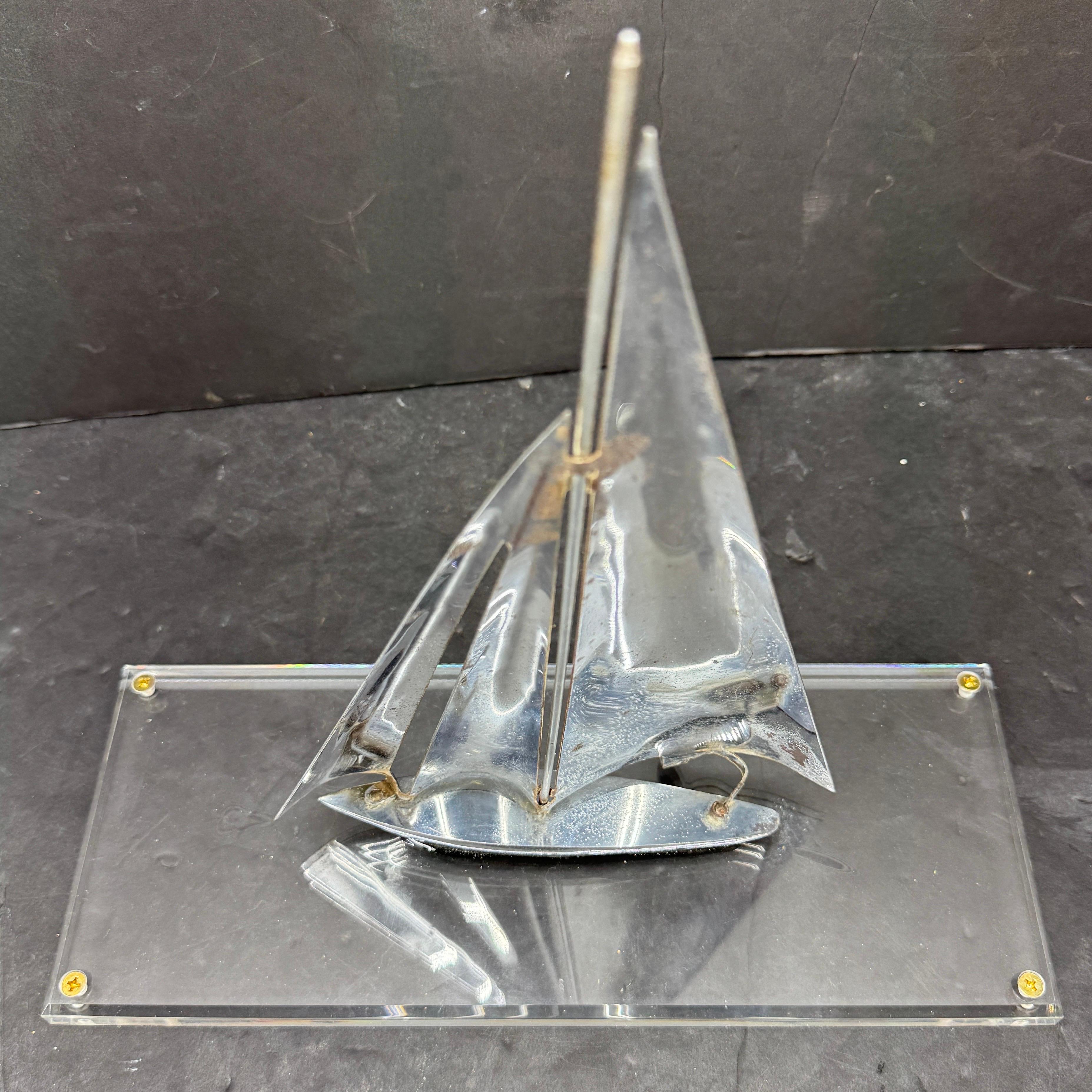 Mid-Century Chromed Sailboat Sculpture on Lucite Stand For Sale 5