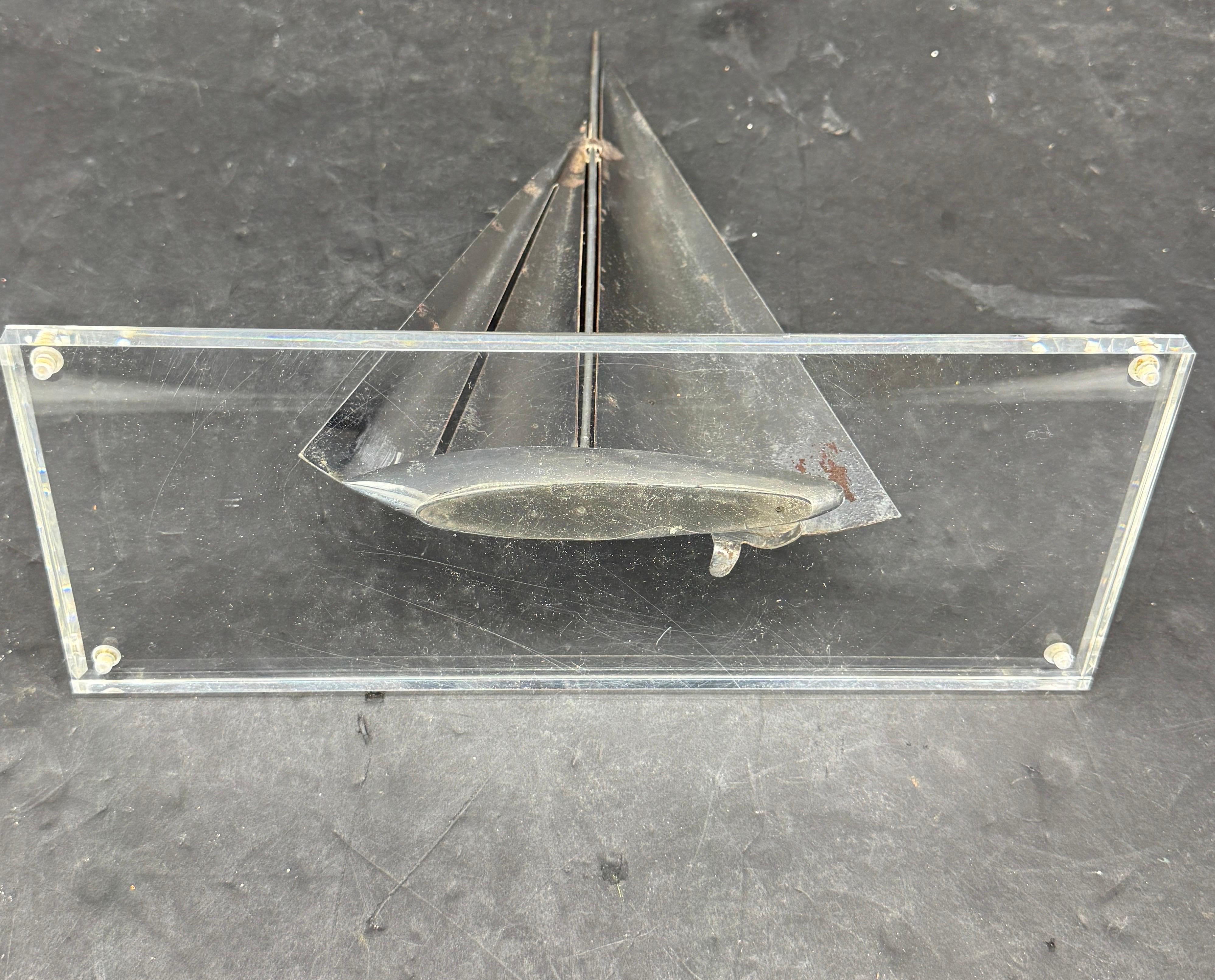 Mid-Century Chromed Sailboat Sculpture on Lucite Stand For Sale 10