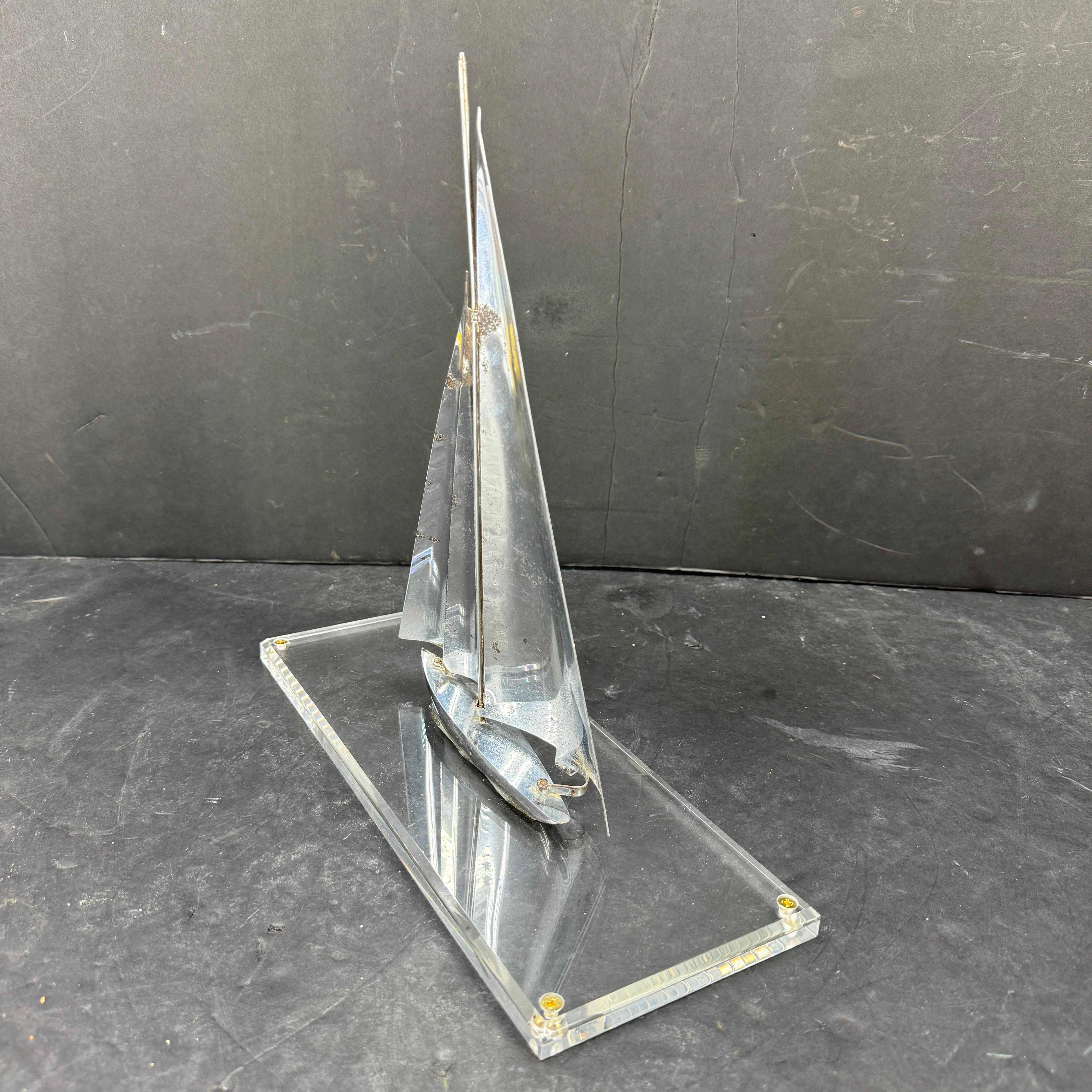 Mid-Century Chromed Sailboat Sculpture on Lucite Stand For Sale 12