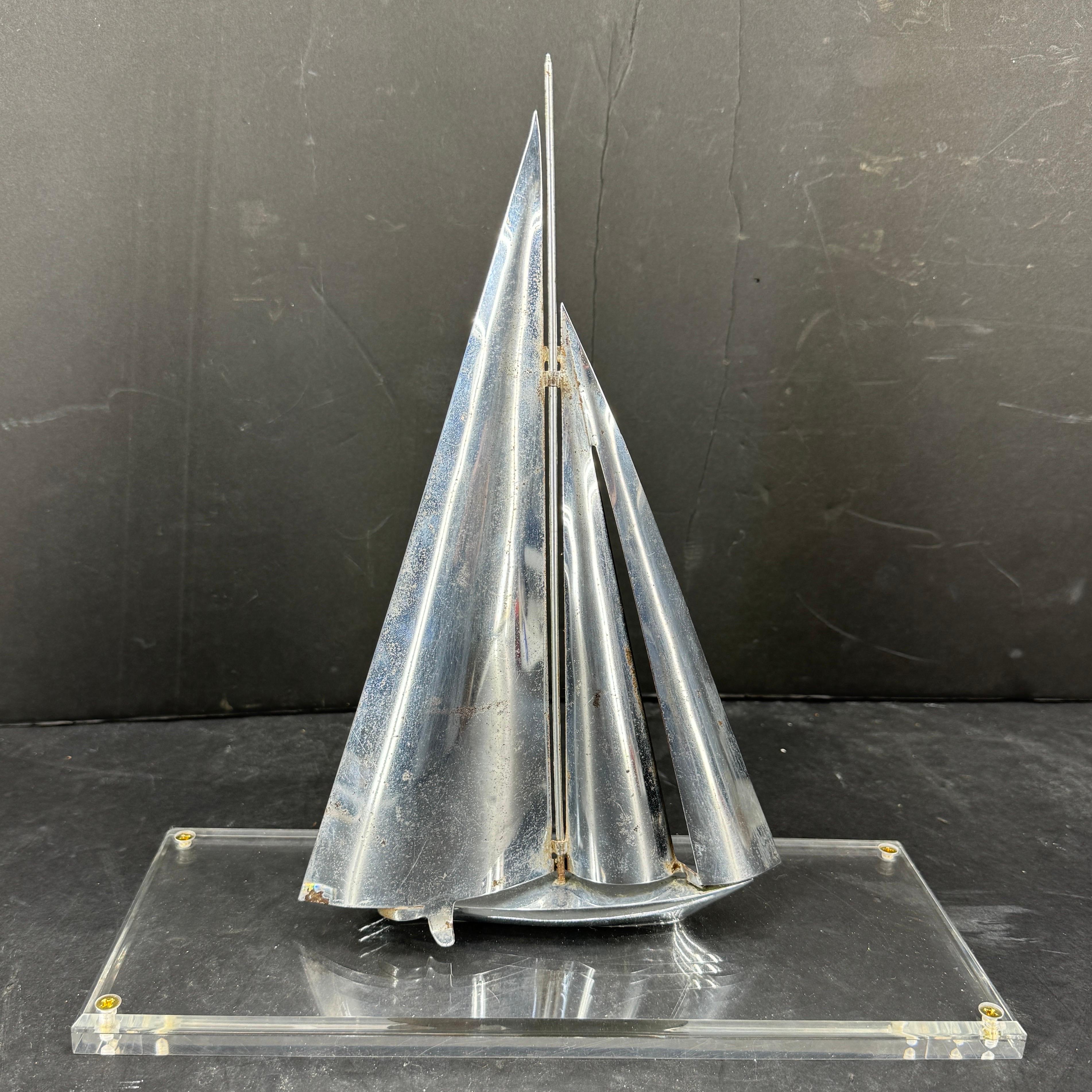 Hand-Crafted Mid-Century Chromed Sailboat Sculpture on Lucite Stand For Sale