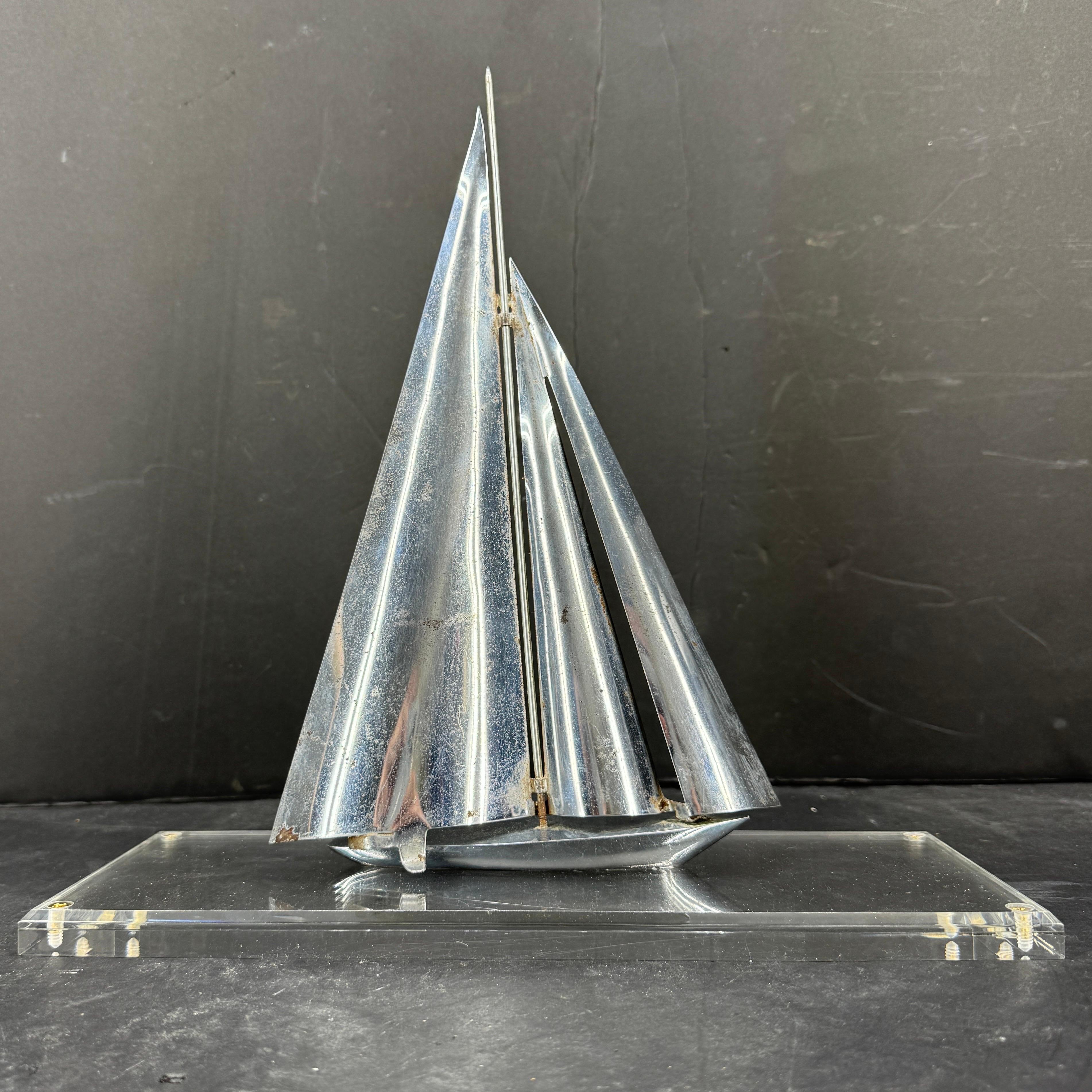 Mid-Century Chromed Sailboat Sculpture on Lucite Stand In Good Condition For Sale In Haddonfield, NJ