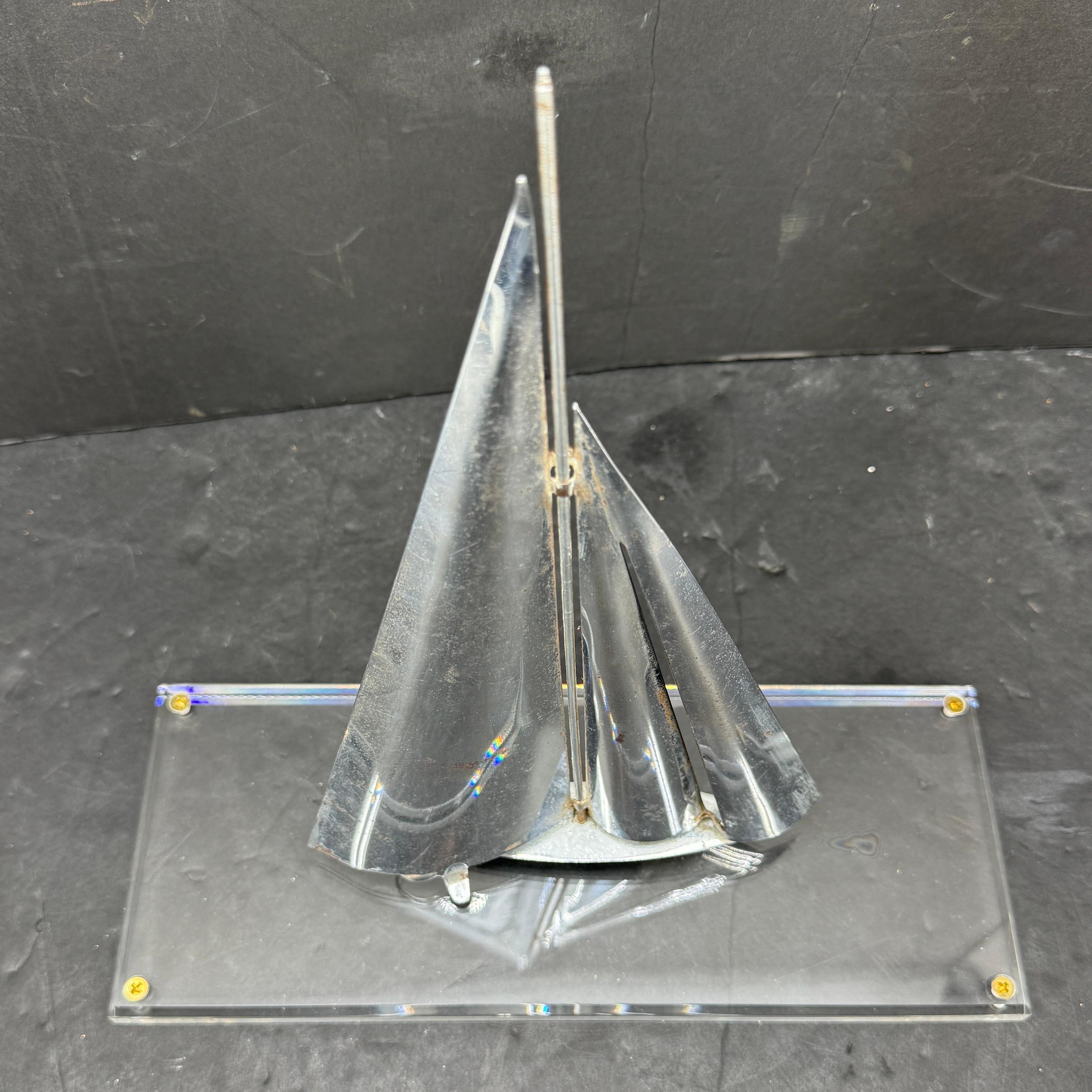 20th Century Mid-Century Chromed Sailboat Sculpture on Lucite Stand For Sale