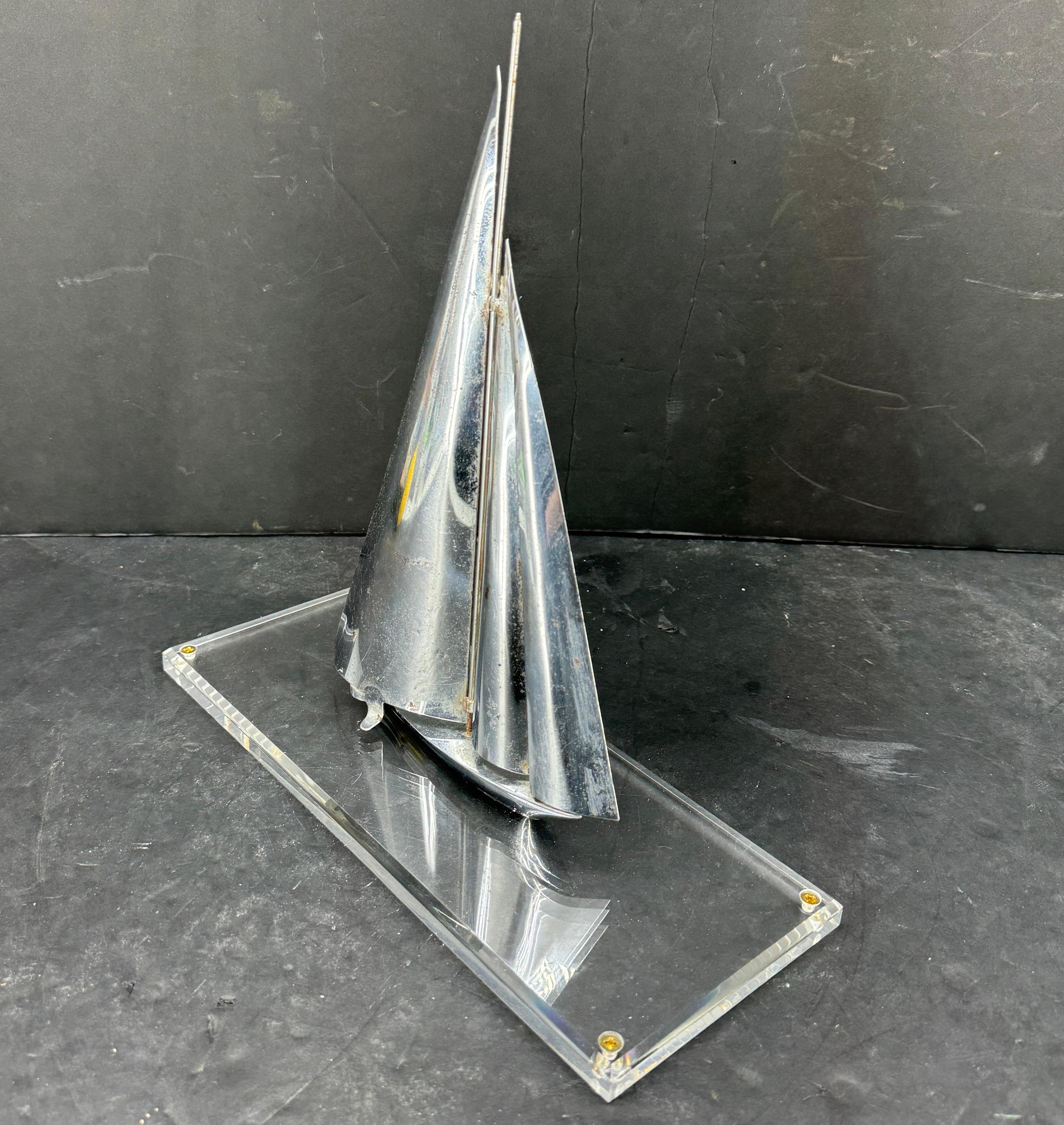 Mid-Century Chromed Sailboat Sculpture on Lucite Stand For Sale 1