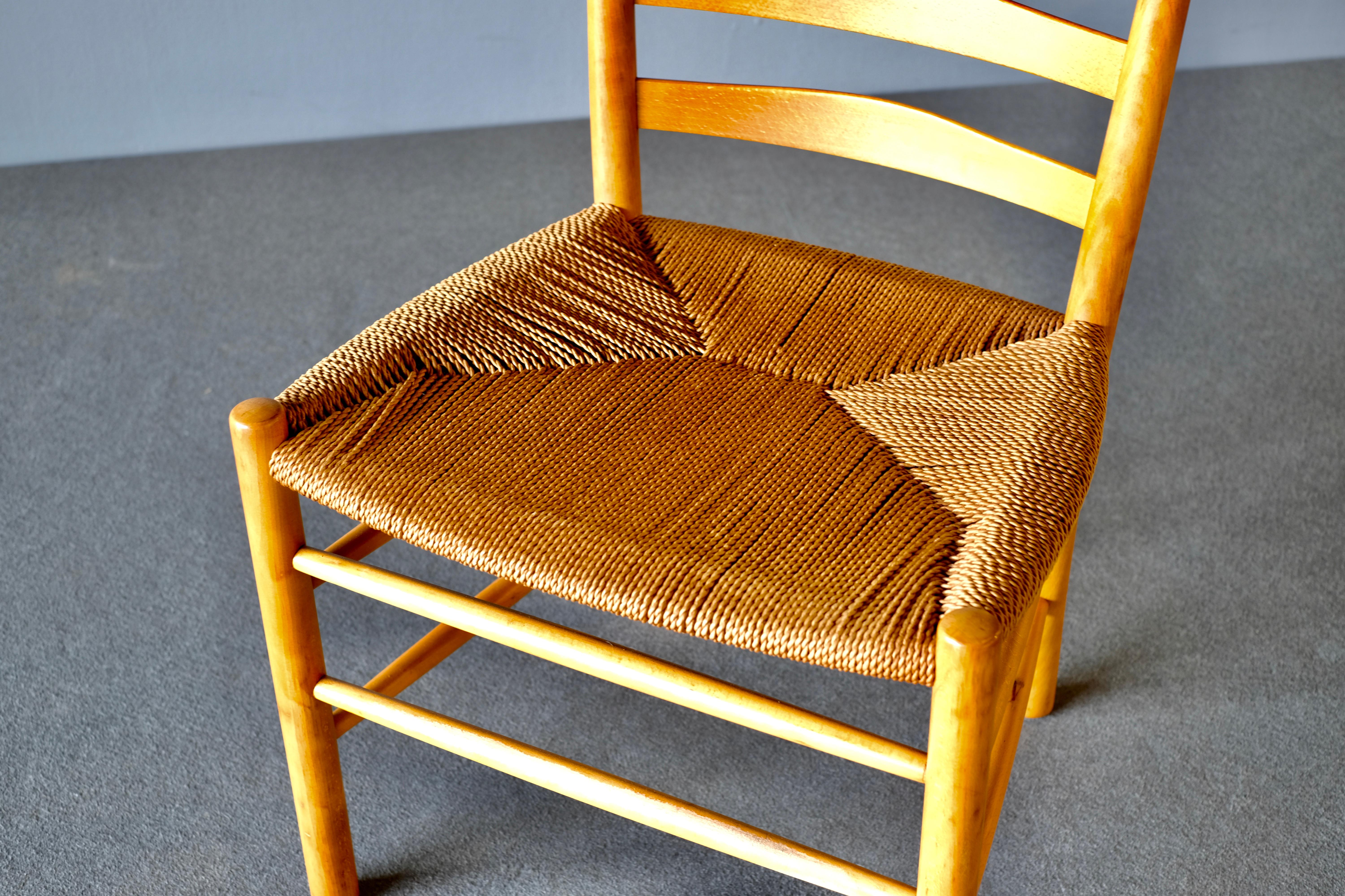 Church chairs, “Kirkestolen” by Kaare Klint and manufactured by Fritz Hansen. They are in beech which has taken on a wonderful patina over the years. The seats are in braided paper cord which is treated to make it withstand use.

The chairs were