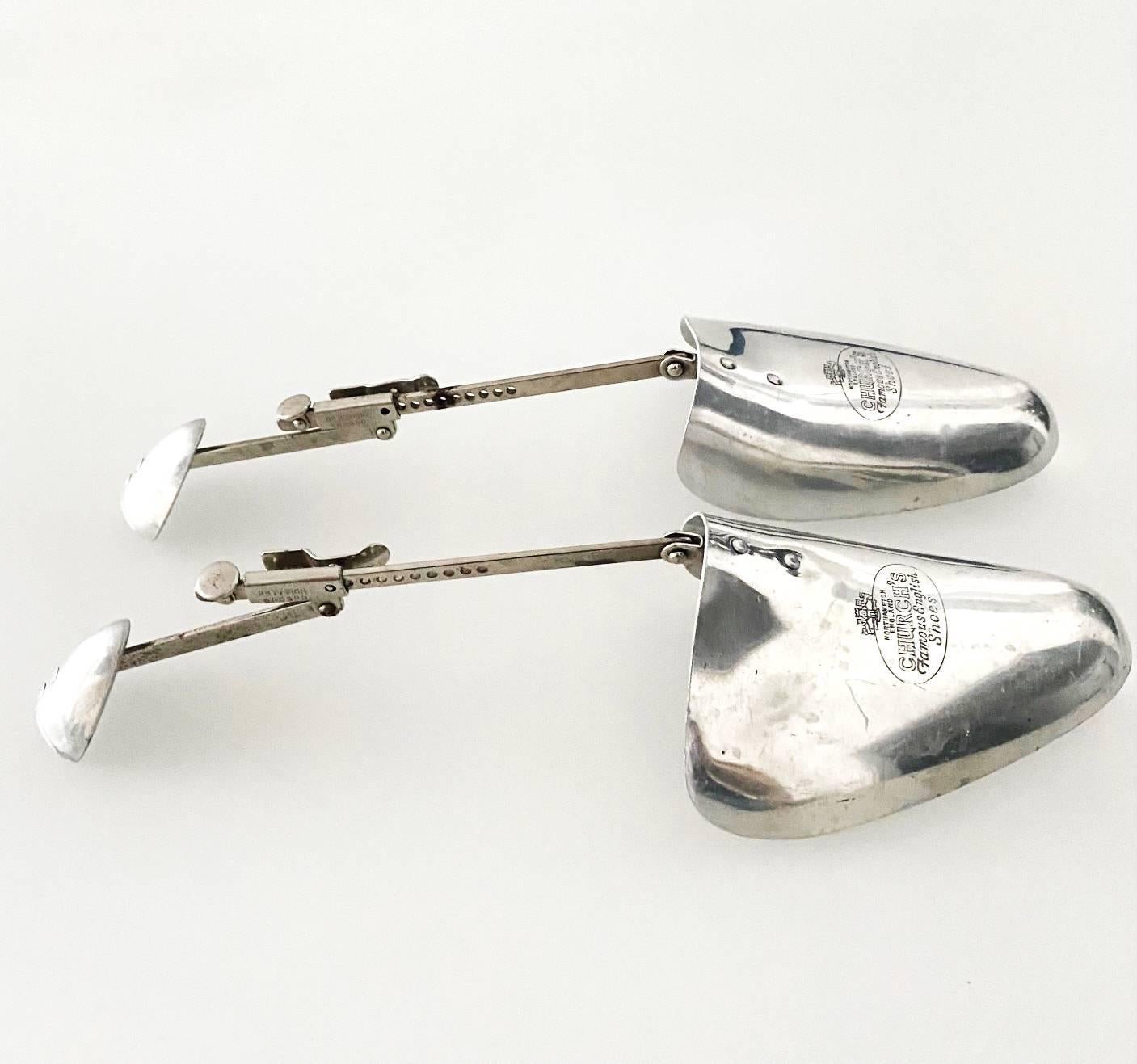 Mid-Century Church's Silver Tone Shoe Tree Stretchers, shiny silver tone metal, engraved front logo, manual adjustable length 

Condition: English Mid-Century, It shows slight sign of wear, however still shining and well-functioning

Size: 9.5 - 11