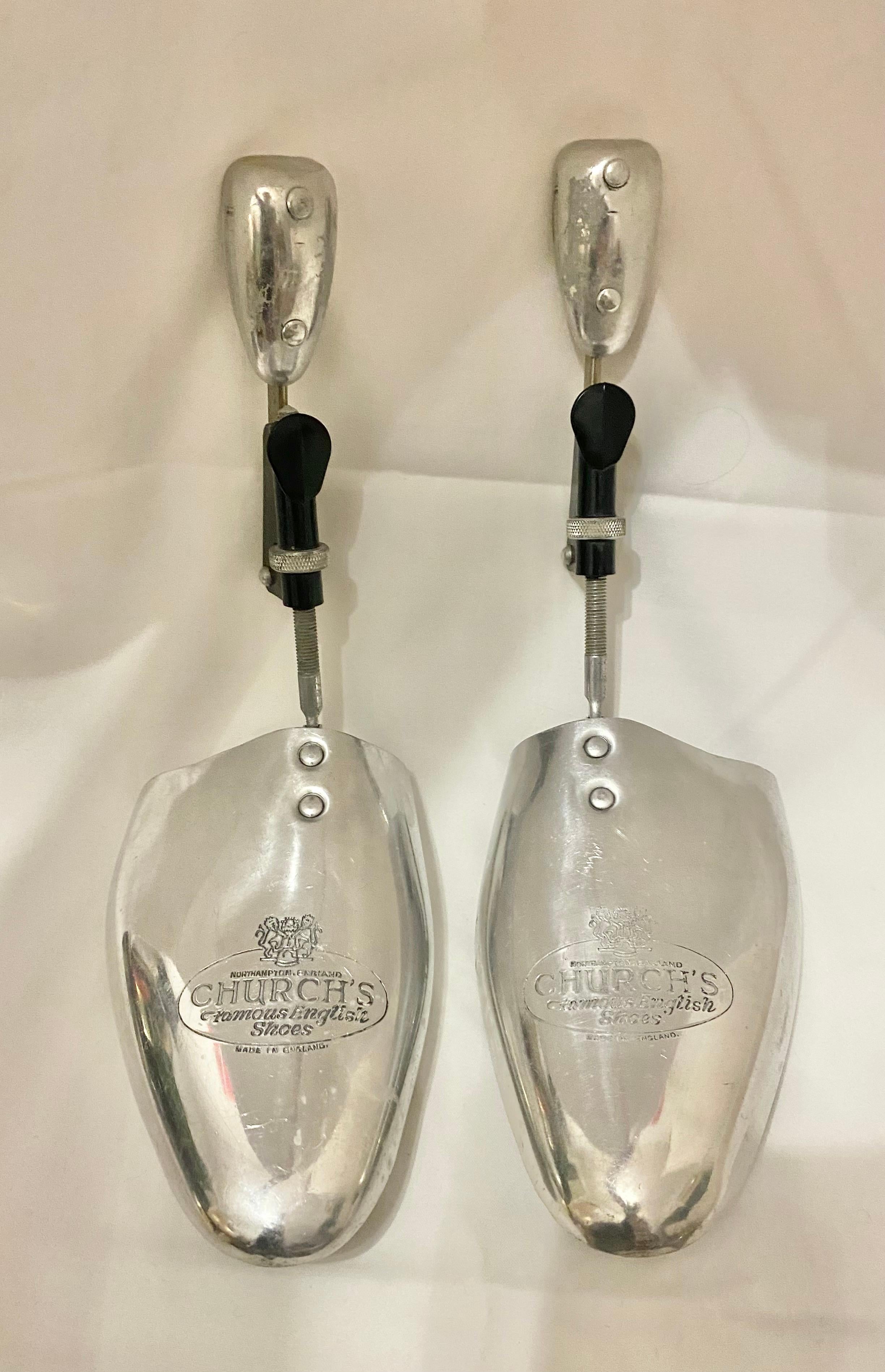 Mid-Century Church's Silver Tone Shoe Tree Stretchers, shiny silver tone metal, engraved front logo, manual adjustable length

Condition: English Mid-Century, it shows slight sign of wear, however still shining and well-functioning

Size: 9.5 - 11