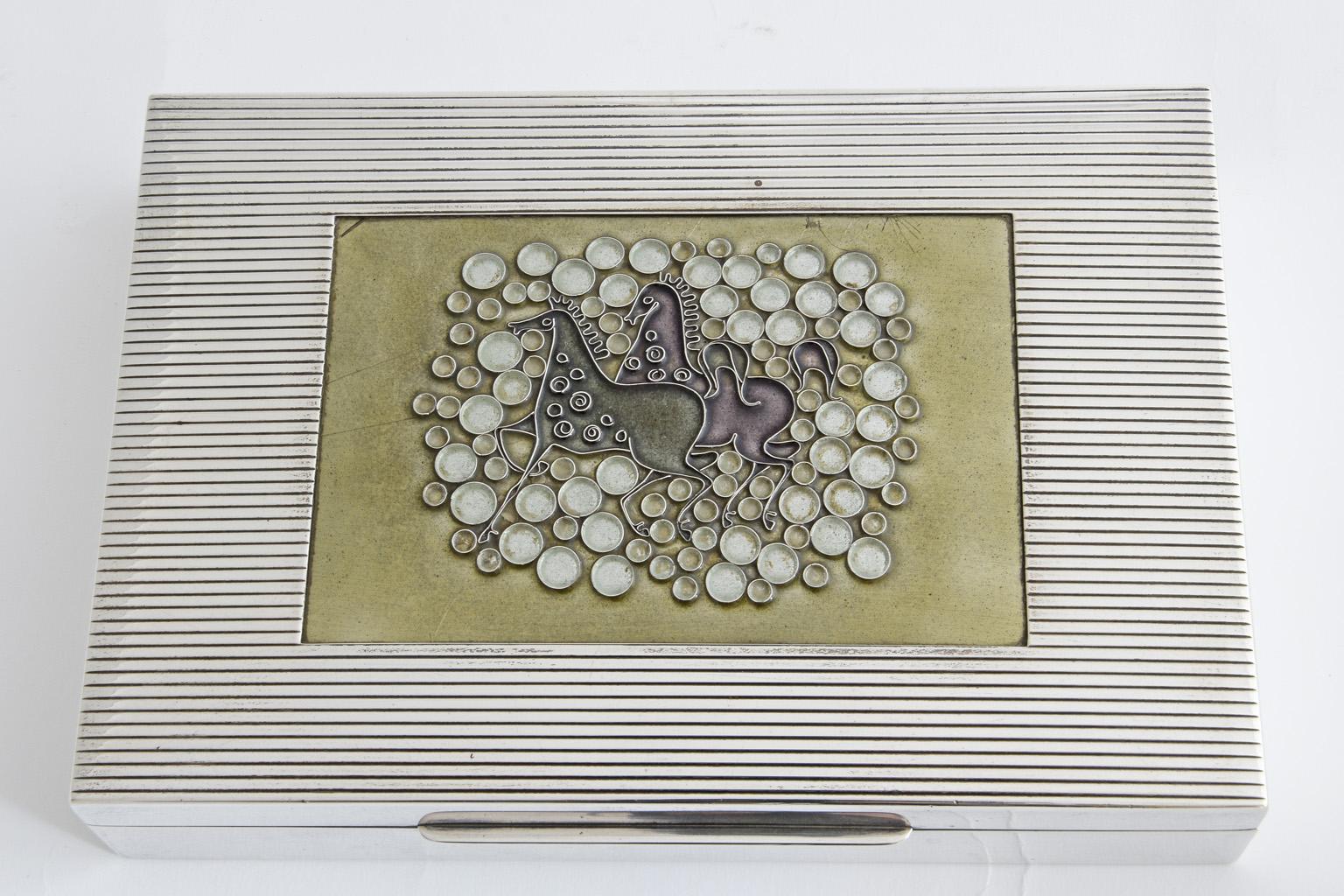 German Midcentury Cigarette Box stylized Horses Enamel Sterling Silver Hallmark JF For Sale